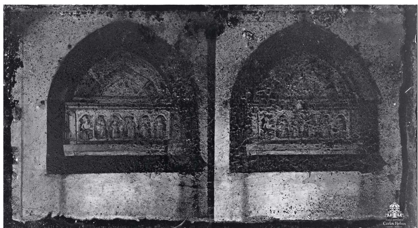 ILLUSTRATION 9. ARRANGEMENT OF THE URN-RELIQUARY OF THE MARTYRS OF MOROCCO IN  THE ORATORY OF THE CLOISTER IN THE MONASTERY OF SANTA MARIA DE LORVAO BETWEEN 1862  AND 1875. ORIGINAL LOCATION: MUSEU CARLOS RELVAS - CAMARA MUNICIPAL DA GOLEGA (Inv. No. MCR 00014-000-089). By CoURTESY OF THE CAMARA MUNICIPAL DA GOLEGA.  THE ORATORY OF THE CLOISTER IN THE MONASTERY OF SANTA MARIA DE LORVAO BETWEEN 1862  LISVOH, UICTC IS UIC PElLADIC PdlTuils OL UIC FIrOLOTMAdlyls OL IWIOLOCCO. LMC VOT IS SUL in display in a museum context at the Museu de Setubal (see illustration 8).  The composition shows the Franciscan friars who were subjected to their executioners, four in number, and unlike the previous work, the Miramolim participates in their execution. While the executioners display the corresponding clothing and armament with their North African cultural origin, the friars —four still alive—, wear habits with different gradations of colour. The scene takes place outside the palace, building a clear European conception, at the moment when the souls of the martyred are about to ascend to God. 