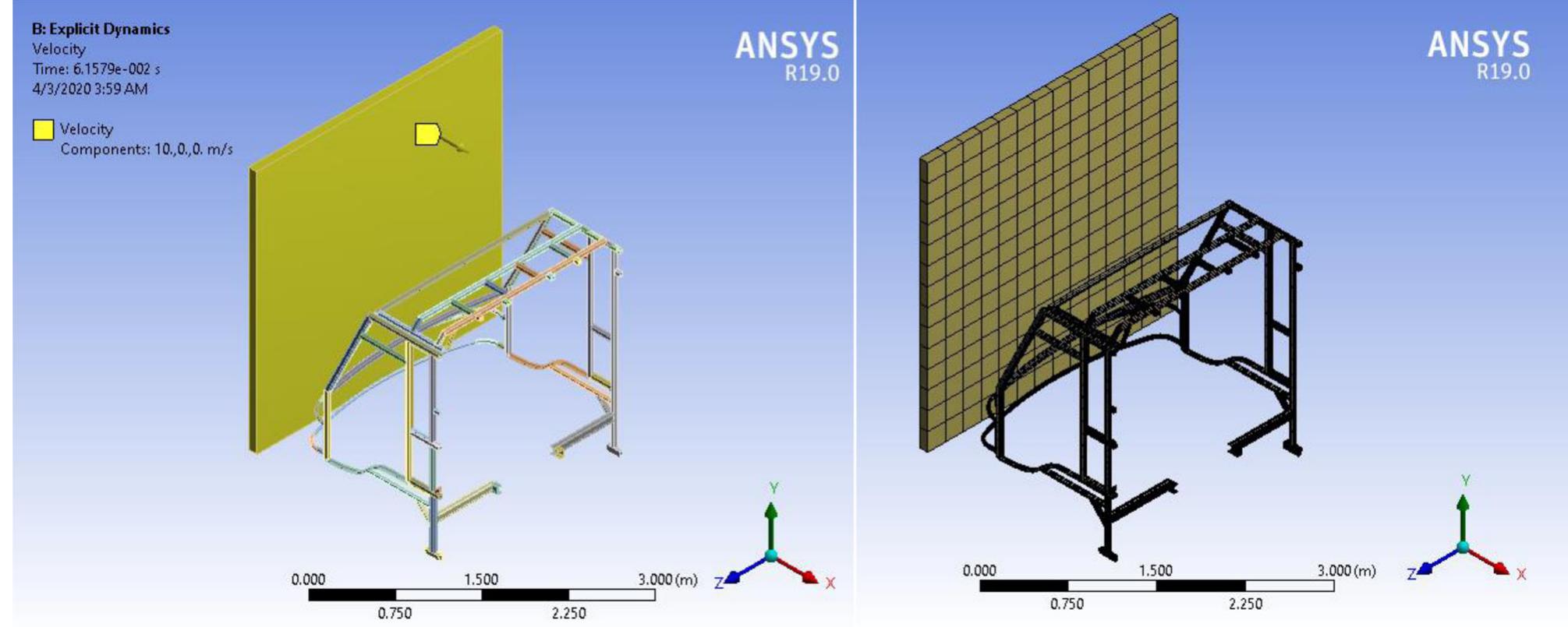 Bus cabin collision model and finite element meshing.