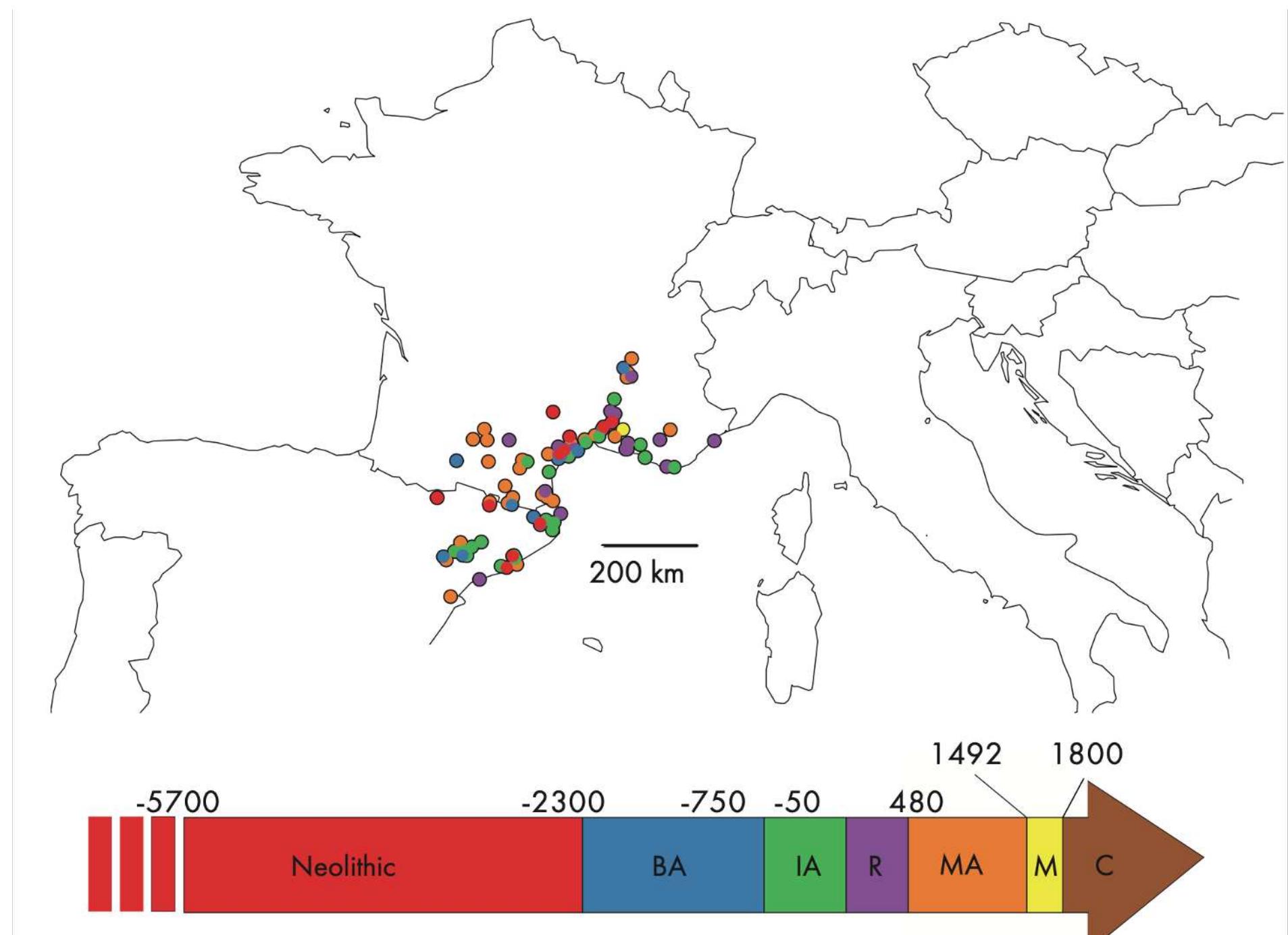 Fig. 1. Preliminary list and locations of 140 archaeological sites identified for the DEMETER project. Dots on the map and the timeline are colored according to the following timeframe: Neolithic (5700-2300 BC), Bronze Age-BA (2300-750 BC), Iron Age- IA (750-50 BC), Roman-R (50 BC-480 AD), Middle Ages-MA (480-1492 AD), Modern-M (1492-1800 AD) and Contemporaneous-  C periods (since 1800).  Mediterranean stream of Neolithic expansion through the impressed ware cultural complex,  which influenced inland with Phoenicians, Gree the arrival of the Visigot  to its prosperity during t the Mediterranean and n  Europe ; received continental influences during the Bronze Age  2,300-750 BC) ; developed considerably in the lron Age (750-50 BC), entering into contact  and Etruscan populations before Roman colonization and the  foundation of large cities ; it underwent the deconstruction of the Roman Empire (ca 480 AD),  hs and the subsequent Islamic conquest, both of whom contributec he Middle Ages (480-1,492 AD), while important trade routes across orthern Europe became increasingly integrated (Wickham 2005) with  such developments con  tinuing during the Modern period (1,492- 1,800 AD). Thus far, nc  regional synthesis of the evolution of the targeted species and diachronic changes in cultivation and husbandry practices has yet covered the large time span selected by DEMETER. However, a relatively large amount of grey literature (i.e., site reports, monographs) has been  produced and provides e  ssential information about the changes that occurred during specific  time periods or a specific focus on a single species (e.g., cattle during historic periods; Forest, Rodet-Belarbi 2002). By the end of the project, DEMETER should include the study of at least 100 archaeological sites spread across the last eight millennia (fig. 1). 