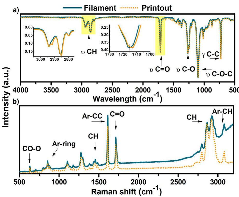 Ftir (a) and raman (b) spectra of bioflex® filament and