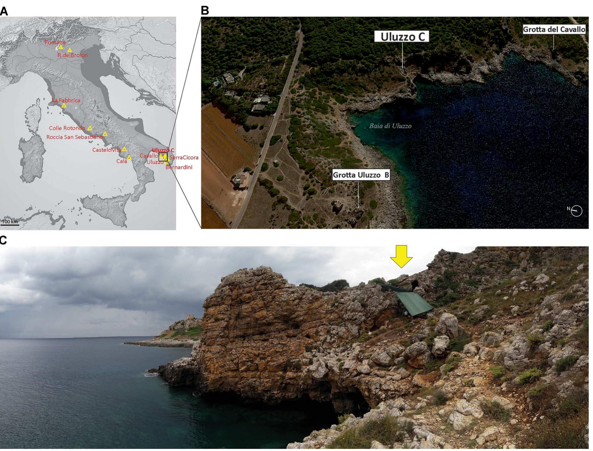 Figure 1. A. Uluzzian sites in Italy. B. Location of Uluzzo C in the bay of Uluzzo (Apulia, southern Italy) from Google Earth. C. General view of the site. [Color figure can be viewed at wileyonlinelibrary.com]. 