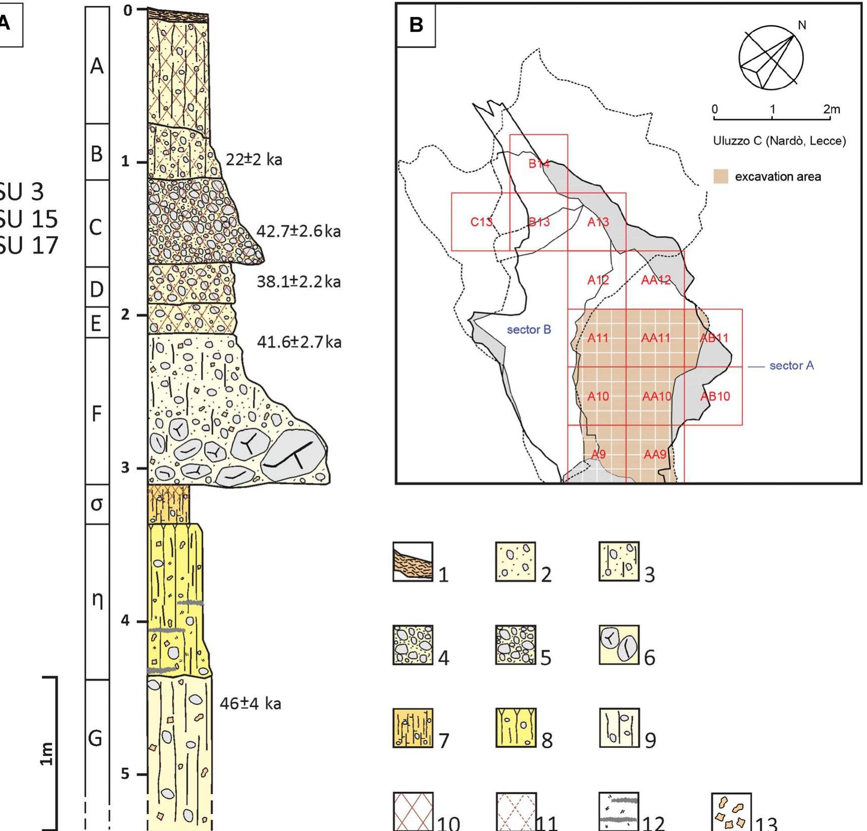 Figure 2. A. Log of the stratigraphic sequence of the deposit of the Uluzzo C Rock Shelter. For a full interpretation of the log the reader is referred to Spinapolice et al. (in this special issue). OSL dating results are indicated. Key: (1) flowstone; (2) sandy unit with rock fragments and bioturbation; (3) sandy unit with rock fragments and bioturbation; (4) clast-supported breccia displaying weak oblique lamination (sandy matrix); (5) matrix-supported breccia (sandy matrix); (6) large blocks due to roof collapse; (7) clay-rich deposit with scarce rock fragments; (8) slightly weathered silty deposit with scarce rock fragments; (9) silty deposit with scarce rock fragments; (10) CaCO3-cemented deposit; (11) weakly CaCO3-cemented deposit; (12) charcoal fragments and ash-rich lenses; (13) CaCO3 nodules and/or concretions. B. New excavation in sector A. [Color figure can be viewed at wileyonlinelibrary.com]. 