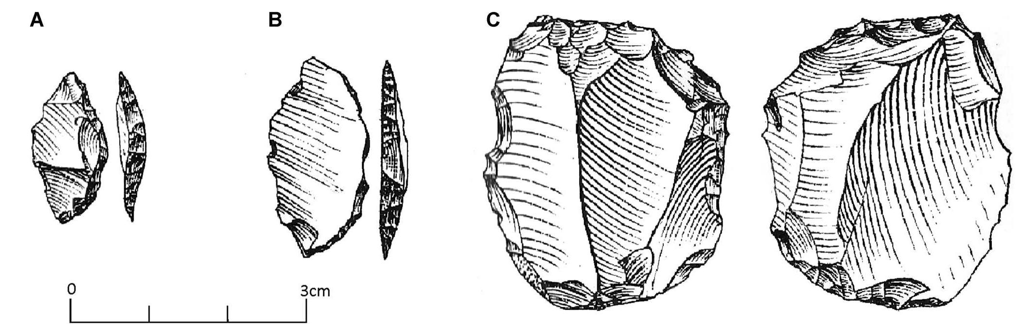 Figure 4. A. Lunates from layer E. B. Lunates from layer C. C. Splintered piece/core from layer C (modified from Borzatti, 1965 