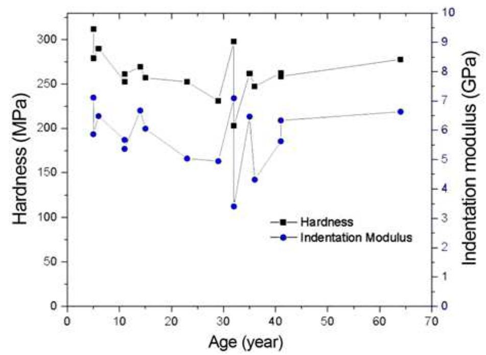 Variation of hardness and indentation modulus of hair