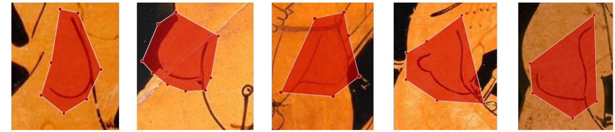 Figure 2: Annotation of hips on different male figures by different painters with BAPD numbers. From left to right: Oionokles Painter (207513), Dokimasia Painter (204497), Kleophrades Painter (201666), Makron (204992), Foundry Painter (204350) 