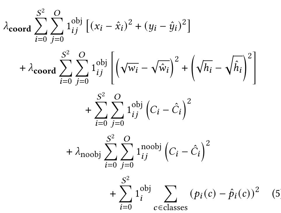 Here, Acgora and Anoop) are hyperparameters that control the balance between the individual loss terms, and 1; is an indicator for when an object is in cell i, while 1;; indicates whether the bounding box j in cell i has the highest confidence for that object. The individual components compute the difference between the predicted coordinates x, y, w, h, the predicted class probabilities C and their ground truth counterparts. 
