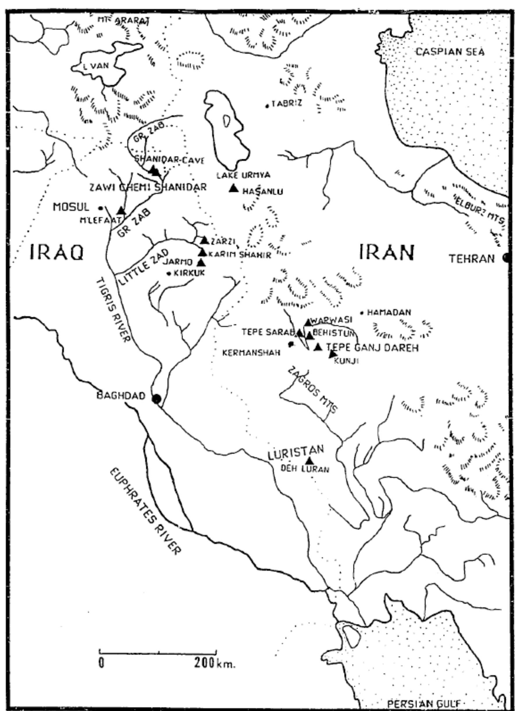Figure 1. Map of the Zagros region with locations of the Iraqi Zawi Chemi Shanidar and Shanidar Cave, as well as the Iranian Ganj-Dareh Tepe sites. 