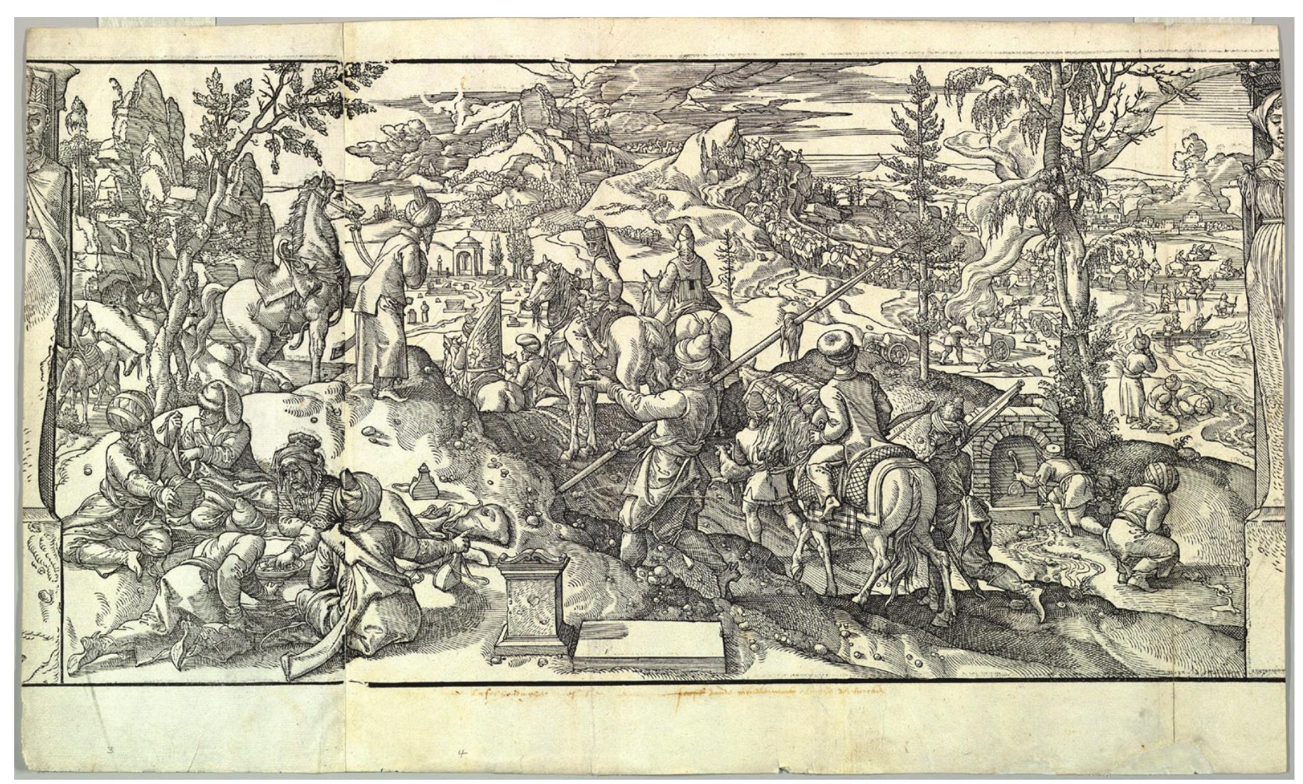 Fig. 1. Pieter Coecke van Aelst, Moeurs et fachons de faire de Turcz, 1533, fragment  This question has continued to haunt me. As a highly visible and symbolic piece of material culture, these shields have forced me to embrace the ambiguity of the region and to become more comfortable with the notion of ‘both’ In this brief article, I take a closer look at the feathered shield in the sixteenth century as an Ottoman costume element, both real and imagined. I begin by discussing three approaches to their study (object, text, and representa- tion based), and then end with suggesting how the shield can and was misunderstood by artists, publishers, and viewers as they attempted to draw boundary markers where they did not exist in the overlapping borderlands of Ottoman Europe. 
