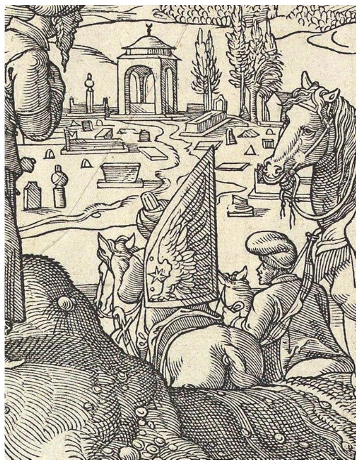 Fig. 2. Pieter Coecke van Aelst, Moeurs et fachons..., detail including a turbaned figure  a cohesive group of at least eleven examples have feathers painted onto their surfaces and can be traced back to Imperial Habsburg collections (Fig. 3).° Their dramatically sweeping angles place them in the second half of the sixteenth century, and recent research has con- nected them to hussar tournaments held at the courts of Central Europe, where jousts were staged between contestants dressed up as Turks and Christians.’ Thus, taking an object- based approach alone, one is tempted to suggest that such shields were never in use in the Ottoman Empire, but rather were part of the imagined Turk. 