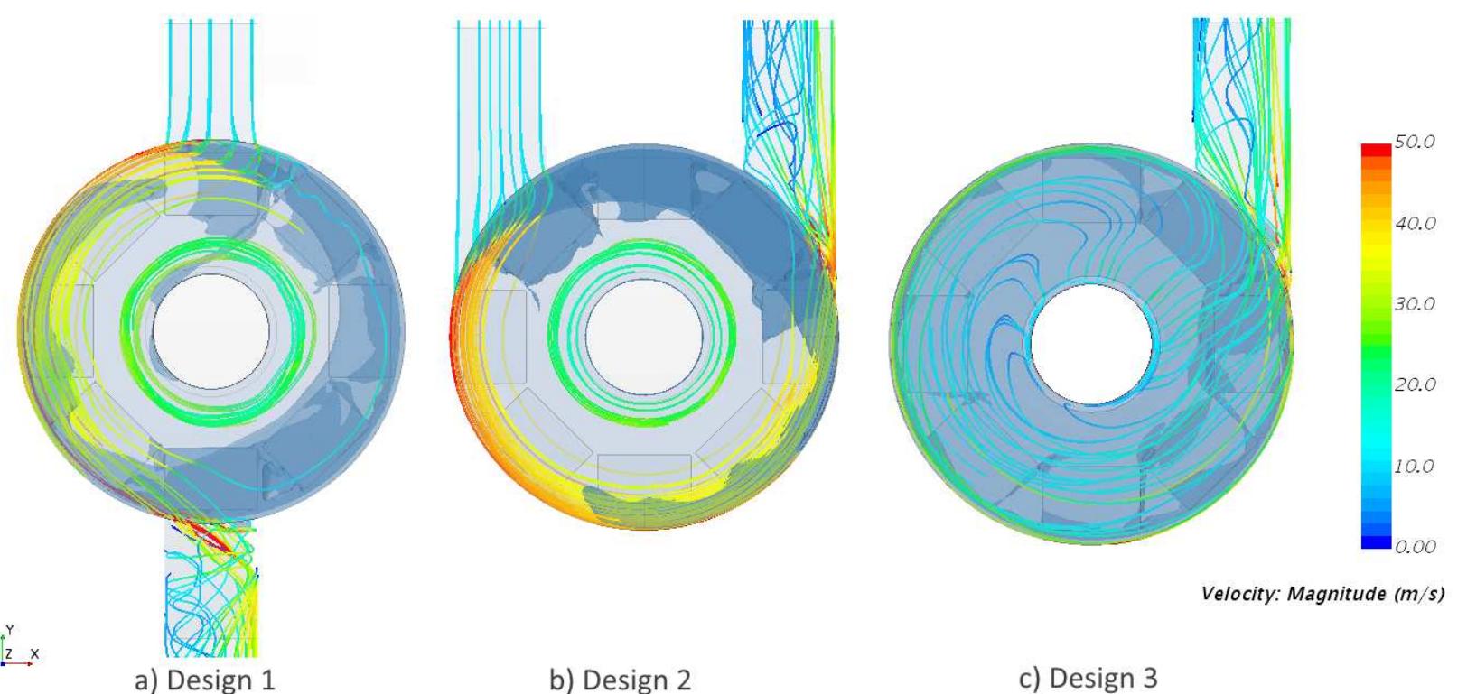Flow streamlines of each design and its iso surface of low