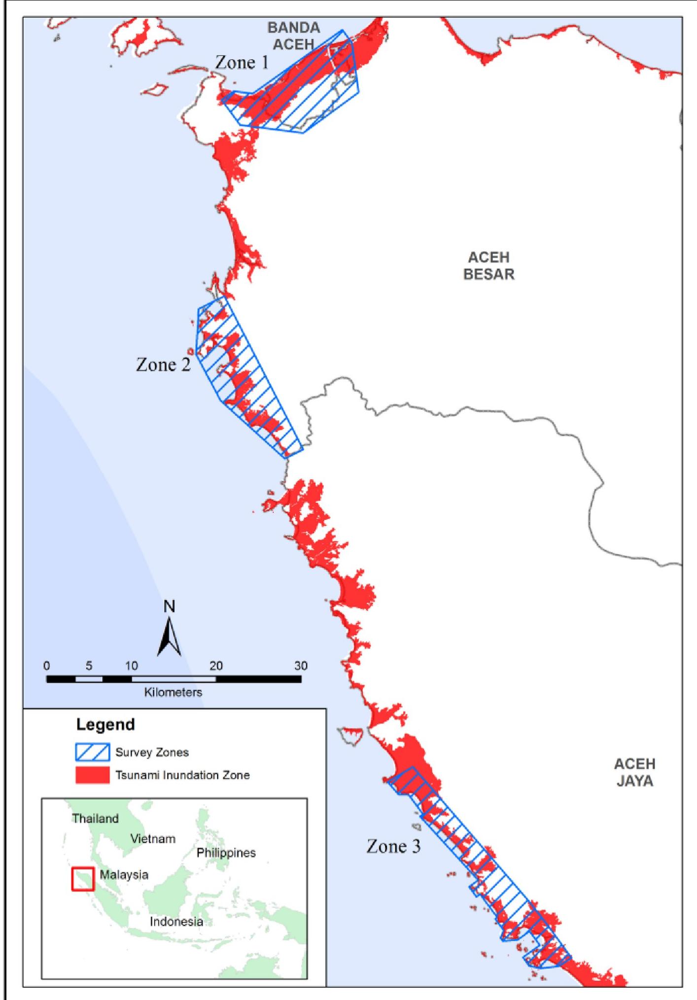 Fig. 1. Map of the north coast of Aceh province, Indonesia. The red indications areas flooded by the 2004 Indian Ocean tsunami. Our three case study zones are indicated by the blue hatched areas. (For interpretation of the references to colour in this figure legend, the reader is referred to the Web version of this article.) (Mag after Daly et al. 2017).  In a sample of 37 villages in the three zones, our researchers con- ducted 25 key informant interviews with village leaders [23 male and 14 female respondents]; 15 interviews with former staff members of NGOs that oversaw livelihood projects [11 male and 8 female respondents]; 143 interviews with beneficiaries of livelihood programs [ 123 male and 101 female respondents]; and 38 focus group discussions about the impact of aid at the village level [128 male and 159 female respondents] (see Supplementary Online Materials). In total, our interviews and FGDs involved 285 male and 282 female stakeholders. All of the interviews and FGDs were semi-structured. We do not claim that our data are sta- tistically representative. However, we structured our approach to bal- ance the perspectives of livelihood aid beneficiaries for each sector, with the perspectives of village leadership and Acehnese who worked for  We sorted and aggregated the qualitative data by livelihood sector [agriculture, aquaculture, fisheries, livestock, and micro-enterprise] and 