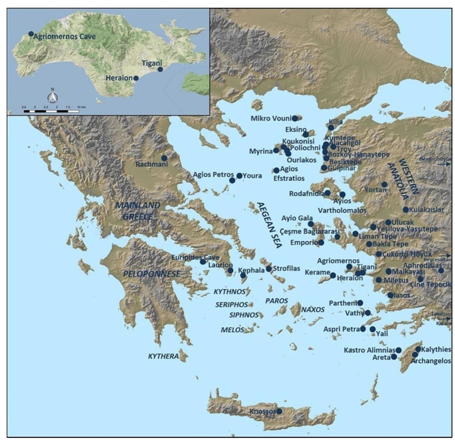 Fig. 1. Map with selected Palaeolithic, Mesolithic and predominantly Aegean LNL-FNL/ Anatolian MCh-LCh sites mentioned in text (© map by the authors). 