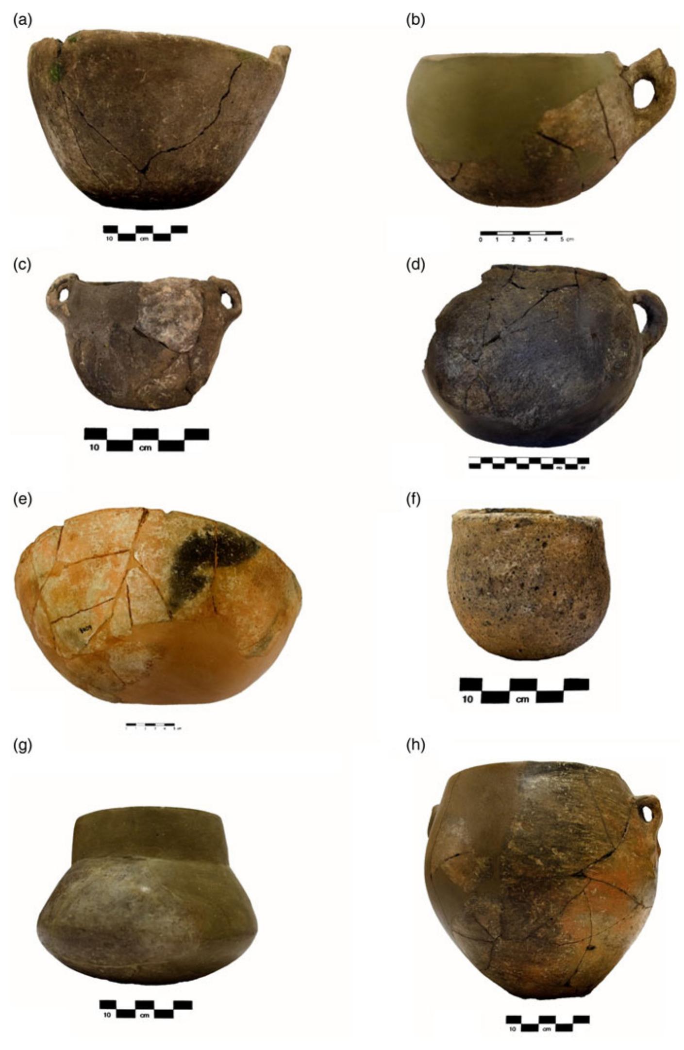 Fig. 2. Representative ceramic types of Phase Tigani I (cf. Felsch 1988, pls 11:5, 14:1, 16:1,8, 17:I-2, 29:4, 79:37.2). (a) Bowl with lug handle; (b) One-handled cup with horned handle; (c) Two-handled cooking jar; (d) Hole-mouth cooking jar (cf. KT15/30); (e) Shallow bowl; (f) Cup; (g) Collar-necked jar; (h) Pithos (© photos by O. Kouka and C. Papanikolopoulos). 