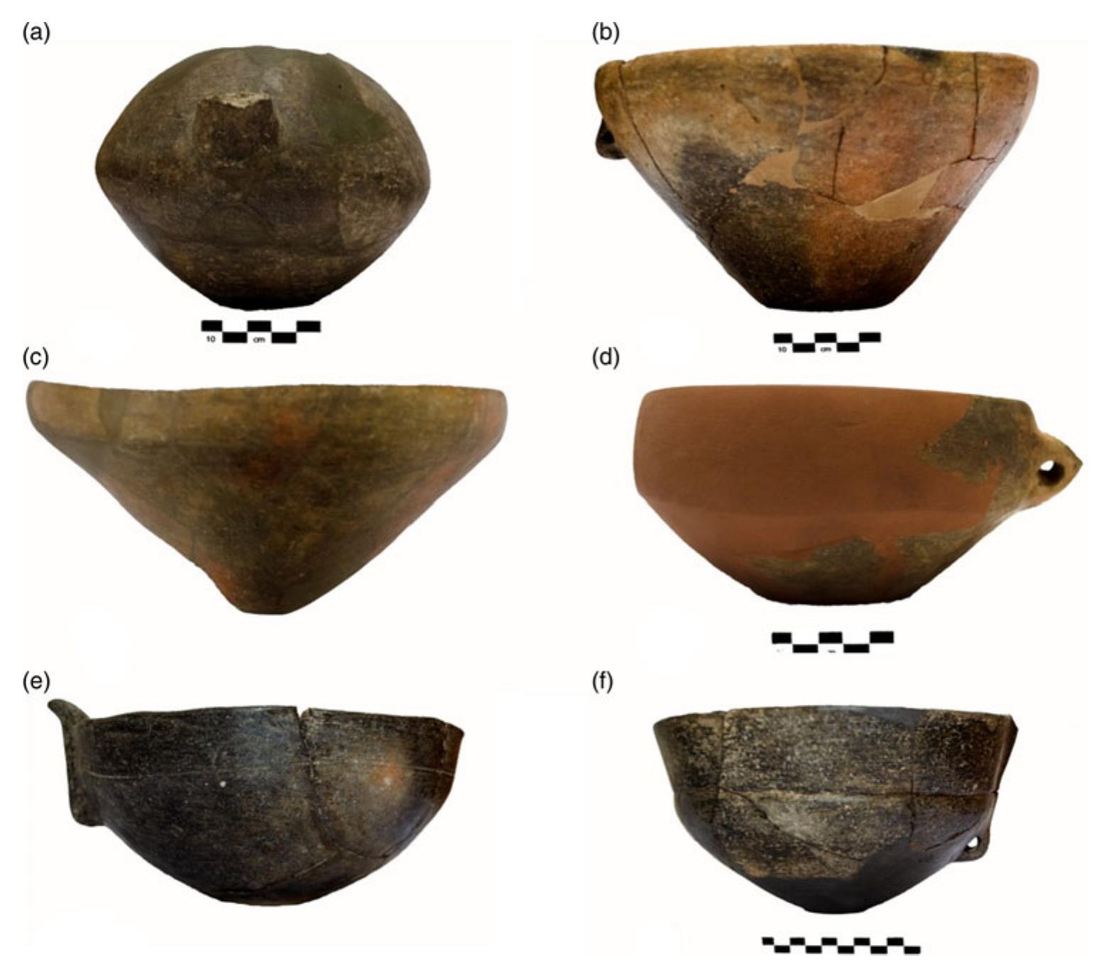 Fig. 3. Representative ceramic types of Phase Tigani II (cf. Felsch 1988, pls 18:7—-8, 19:4, 20:1— 2, 28:1-4, 33:5). (a) Jug with conical body (KT15/34); (b) Conical bowl; (c) Carinated bowl;  (d) Bowl with carinated body; (e)-(f) Bowls with prong handles (© photos by O. Kouka and C. Papanikolopoulos). 