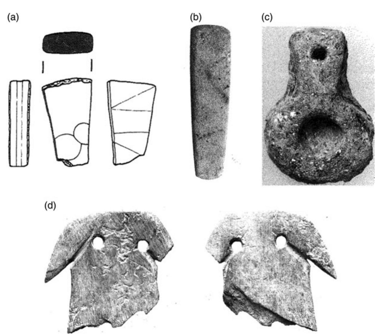 Fig. 7. (a)—(b) Acrolithic figurines from Heraion 6 and Tigani IV; (c) Ring-shaped attachment, Tigani II/III; (d) Bone pendant or figurine of Kilia type, Tigani III early (after Kyrieleis, Kienast and Weisshaar 1985, fig. 42:1; Felsch 1988, pls 47:11, 47:8, 46:7-8). 
