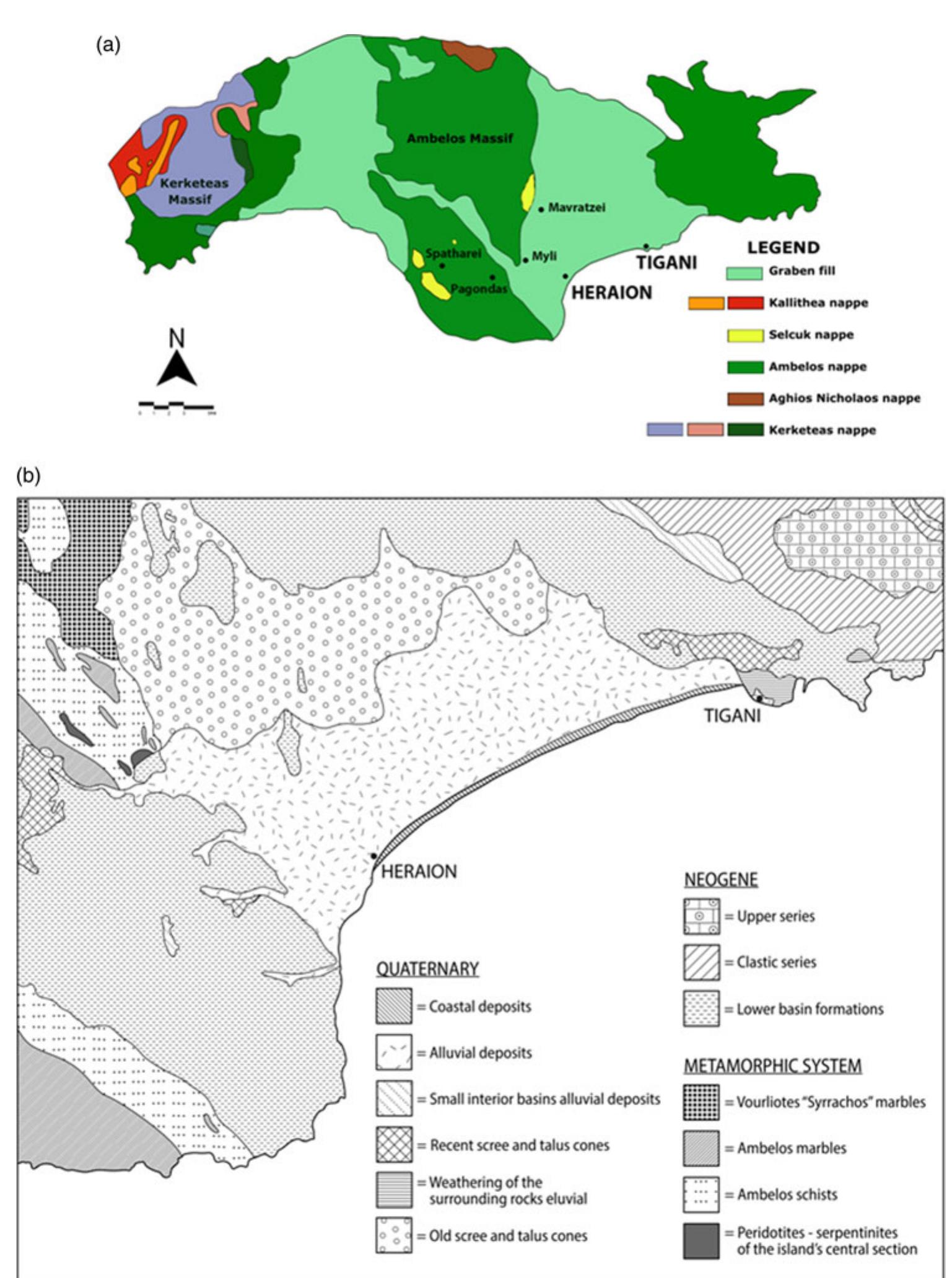 Fig. 8. Geological maps of Samos. (a) The main lithological formations and _ localities mentioned in the text; (b) Detailed map of the Mytilinii Basin (Xambos-Chora plain) (prepared by C. Kolb, simplified after Theodoropoulos 1979). 