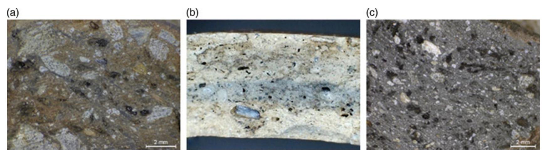 Fig. 9. Photomacrographs of the main Macroscopic Fabric Groups identified under a stereoscope. (a) MFGr1; (b) MFG2; (c) MFG3. 