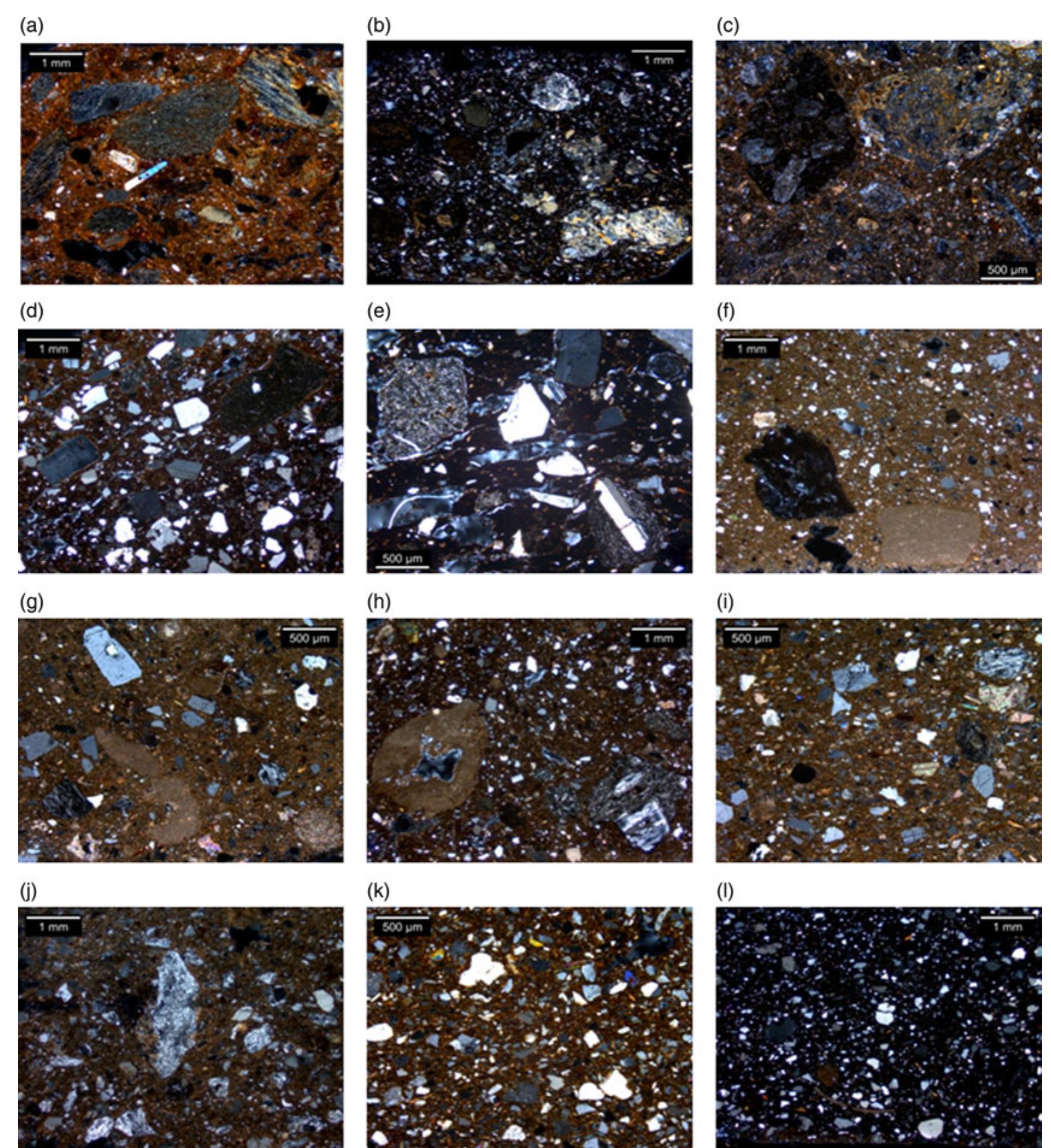 Fig. 10. Photomicrographs of ceramic thin sections from Kastro-Tigani, taken under crossed polars CXP). (a) PFG1 (KT15/23); (b) PFGIA (KT15/21); (c) PFG1 (KT15/19); (d) PFG2 (KT15/4); (e) PFG2, (XT15/28); 2) PFG3 (KT15/9); (g) PFG3 (KT15/18); (h) PFG3A (KT15/1); G) PFG4 (KT15/7); G) PFGs (KT15/5); (k) PFG6 (KT15/33); () PFG7 (KT15/6). 
