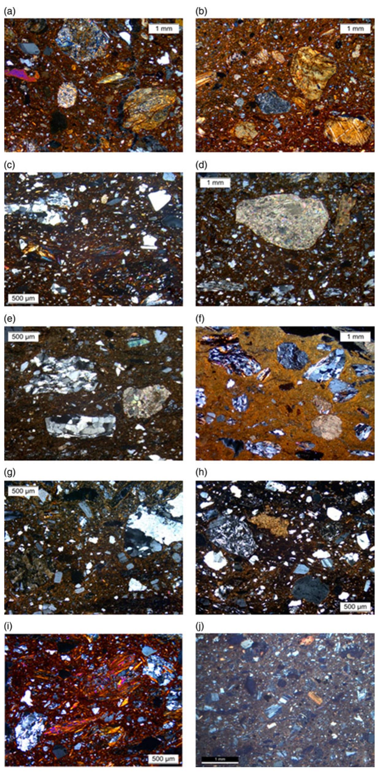 Fig. 11. Photomicrographs of ceramic thin sections from the Heraion, taken under crossed  polars (XP). (a) PFGr1 (HRr15/58); (b) PFGr (HR1r5/128); (c) PFG2 (HR15/168);  (d) PFG2A (HR15/56); (e) PFG2C (HR15/160); (f) PFG2D (HR1r5/179); (g) PFG3 (HR15/ 84); (h) PFG3 (HR15/180); G@) PFG4 (HR15/3); (j) PFGs5 (HR18/227). 