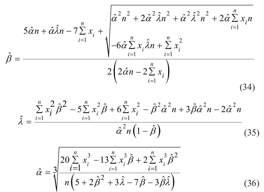 Equations (34), (35) and (36) express the parameters; they can be further solved simultaneously to get cleaner expressions for the parameters.  One of the techniques for parameter estimation is to use method of moments. This process uses moments of the distribution to estimate parameters. Since there are three parameters, there will be three equations:  Simulation  Maximum likelihood estimation  Method of moments  Widely used technique for evaluating the parameters of the distribution is that of Maximum Likelihood Estimation technique. If 