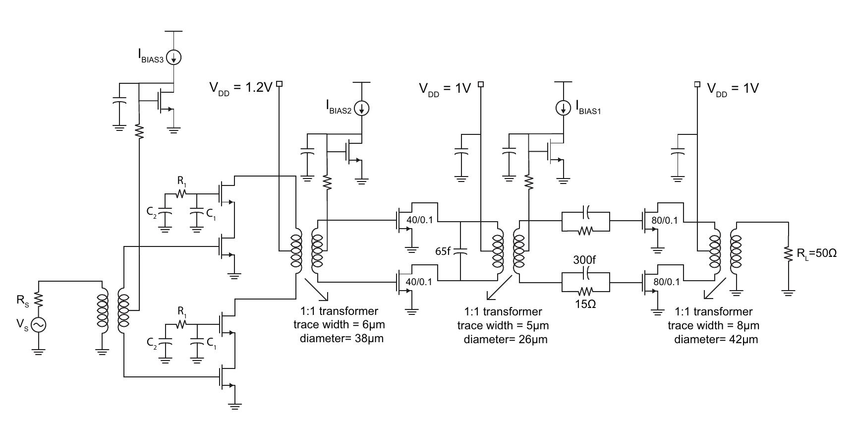 18: transformer-coupled three-stage pa schematic.