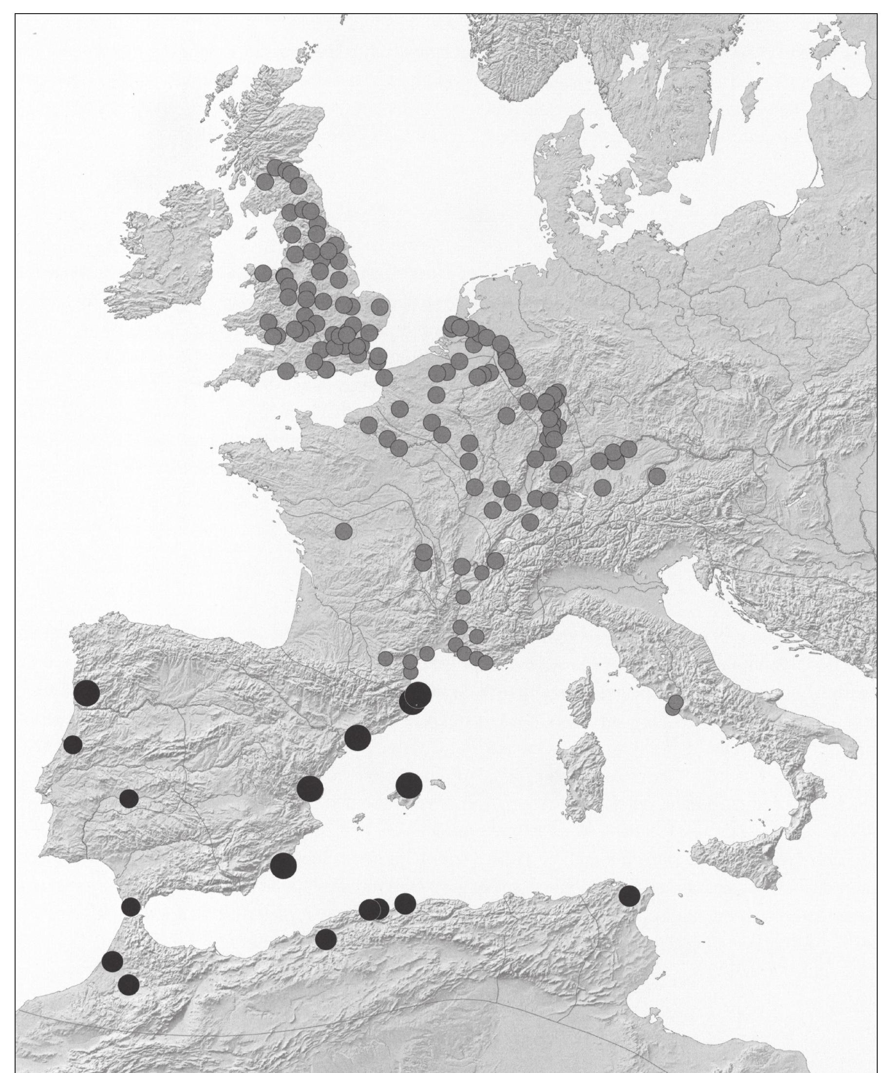 Fig. 3: Distribution of Terra Sigillata with stamps of Iucundus III. The size of the dot  is according to the quantity. The colours indicate high percentage (black) or low per-  centage (grey) of Iucundus III within the Terra Sigillata spectra (after Mees 2011, 195 fig. 180). 