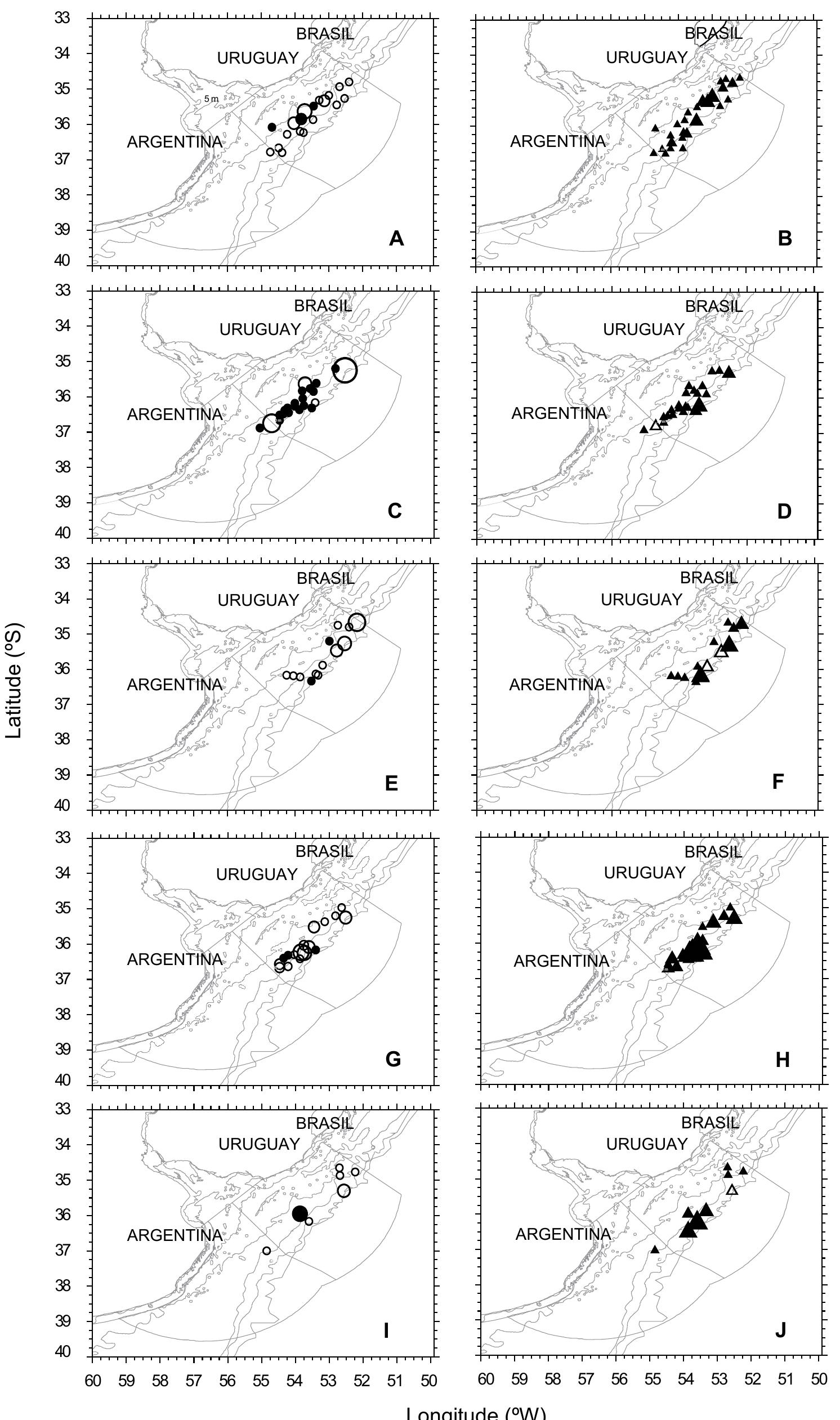 Distribution and density of immature and mature Squalus mitsukurii in the Argentinean-Uruguayan Common Fishing in early autumn 1995 for females (A) and males (B); late autumn 1995 for females (C) and males (D); spring 1995 for females (E) and males (F); early autumn 1996 for females (G) and males (H); early autumn 1998 for females (I) and males (J). Symbols (females, circles; males, triangles) size corresponds with three density categories; of up to 500 (e, a), up to 3000 (@, A) and more than 3000 specimens (@, A). Immature and mature specimens are represented by empty and solid symbols respectively. 
