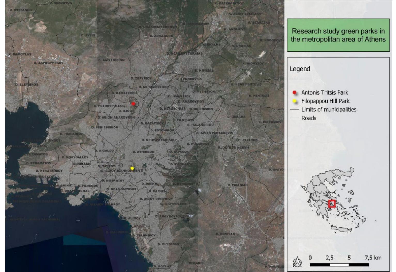 Below is a brief overview of the history and geography of each park individually and the role of the different actors in their protection that emerged, based on the above  methodology. The Figure 3 shows the cases of the two parks in the wider metropolitan area of Athens.  Figure 3. Study parks in relation to the wider metropolitan area of Athens. 
