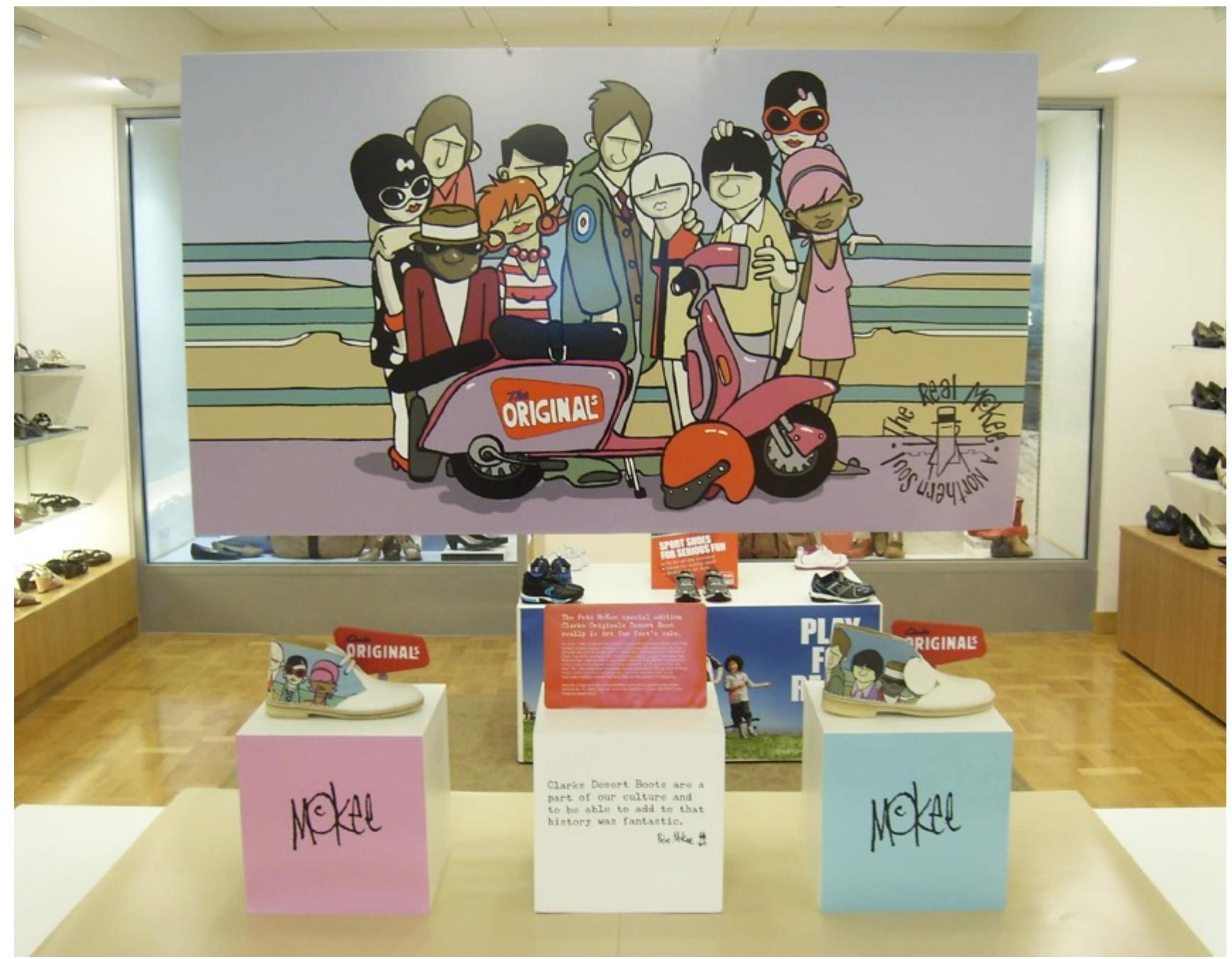 3.3.12: Original artwork for the Pete McKee Desert Boot collaboration pictured in a promotional store display. Image courtesy of Clarks. See fig. 6.24 for a detailed image of the McKee Desert Boot design. 