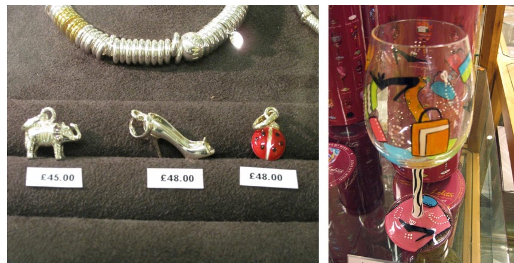 Fig. 4.23: Novelty glass with gift box in John Lewis, Sheffield.  Fig. 4.22: Shoe charm for charm bracelet in John Lewis, Sheffield, March 2012. 