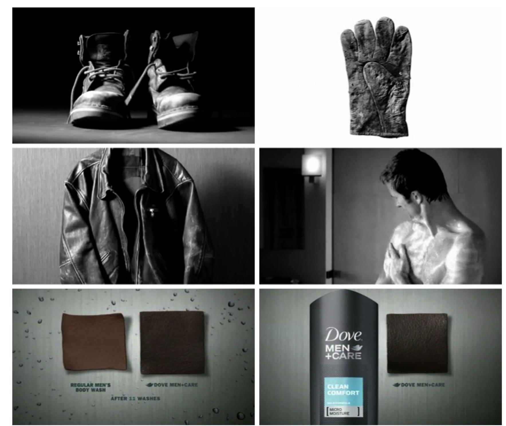 Fig. 4.27: Advert for Dove Men + Care using leather work boots as a metaphor for the skin and the hydrating effects of the shower gel. Aired on Channel 4, March 2012. 