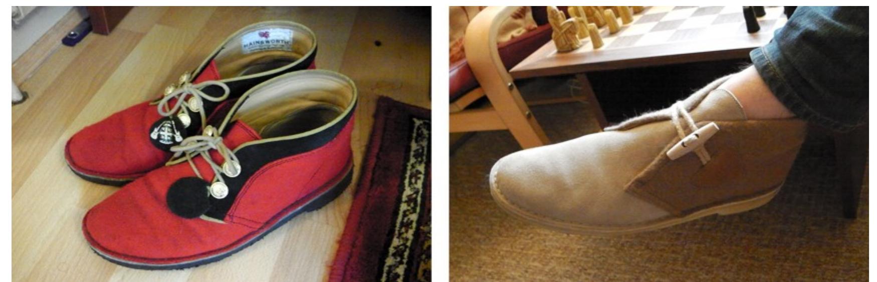 Fig.5.15: Pete’s Gloverall Desert Boots.  Fig.5.14: Pete’s wife’s Hainsworth Desert Boots.  Fig.5.13: Authentic label detail inside the Southsea Deckchair Desert Boots.  Fig.5.12: Pete’s Southsea Deckchair Desert Boots. 