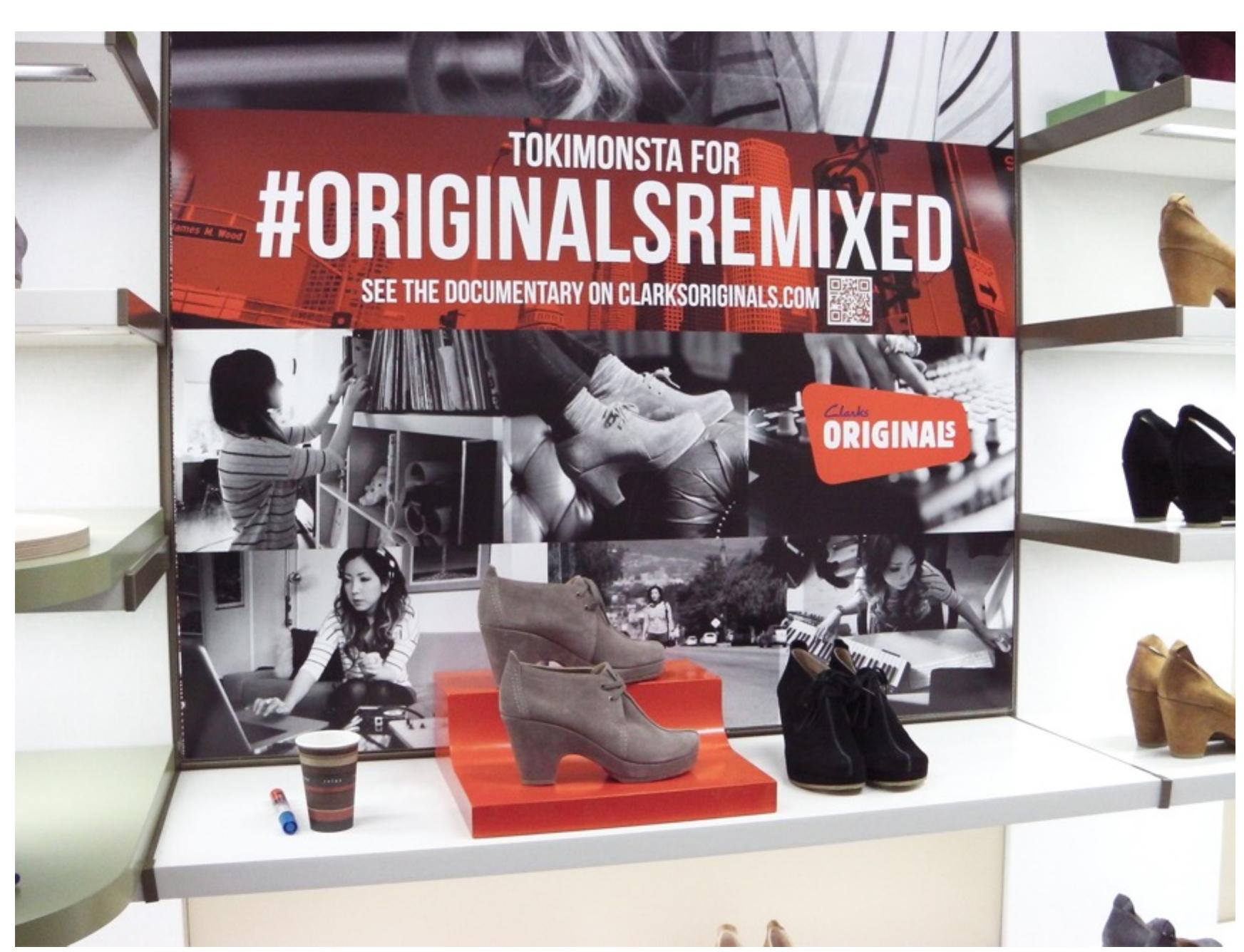 Proposed store imagery for the Originals Remixed campaign featuring Los Angeles DJ collaborator Tokimonsta. Photograph taken in the ‘mock shop’ (simulations of Clarks stores used for the development of visual merchandising). 