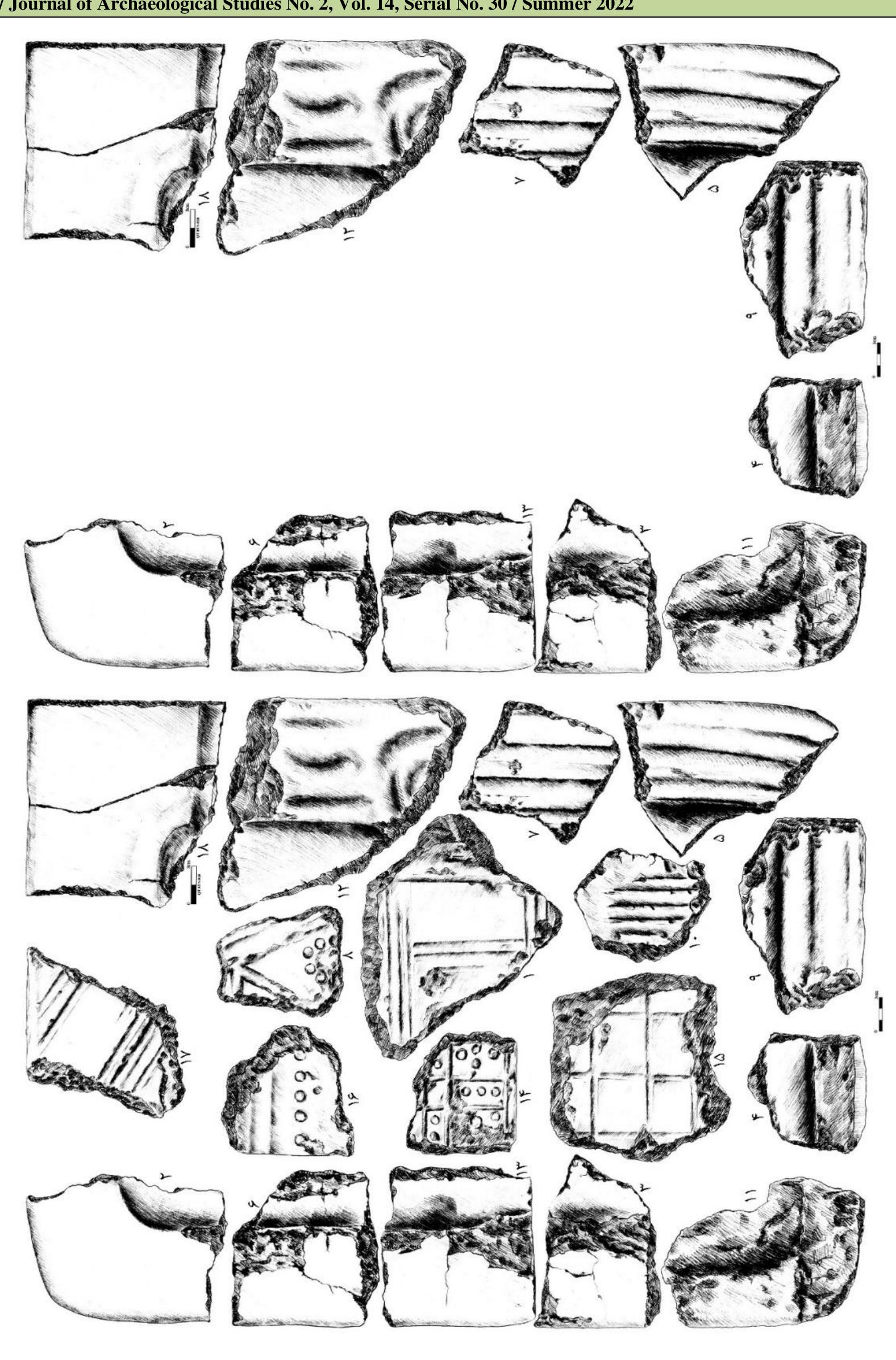 Figure 10a (above): Proposed arrangement of brick frames of Qolam Tepe (Drawing by Ali Naseri). Figure 10b (bottom): Arrangement of brick frames of Qolam Tepe along with other surface samples (Drawing by Ali Naseri). 