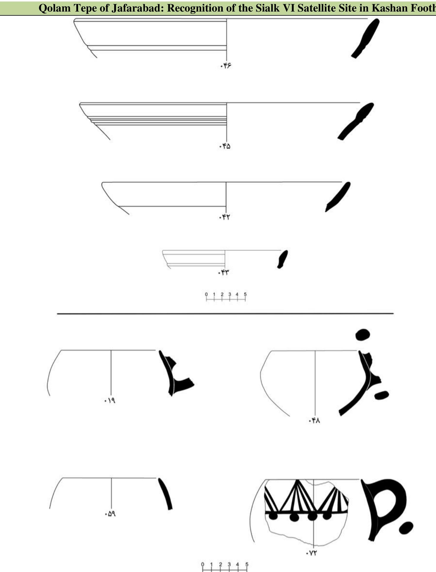 Figure 13a (above): A sample of the gray ware of Qolam Tepe Surface (Drawing by Reza Naseri). Figure 13b (bottom): A sample of simple and painted pot-sherds of Sialk VI culture obtained from Qolam Tepe Surface (Drawing by Reza Naseri). 