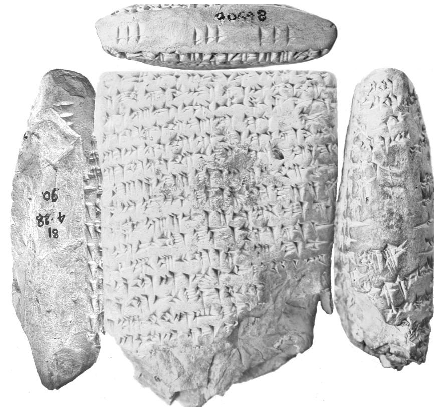 Figure 7: BM 40548 from year 9 Eriba-Marduk (edition by Brinkman 1989 with this photograph) is the earliest dated text with fingernail marks in groups of three (c. 775 BC): three groups of three nail marks each on the upper edge, all of them pointing in the same direction; nail marks on the side edges are only partially preserved and some are omitted on the right edge where line ends meet. All these nail marks appear to be genuine incisions applied with some person’s finger (note the little split that shows up everywhere). The vendors are at least twelve individuals who are said in the caption to be DUMU.MES LU.ENGAR.   single direction or away from each other.'* BM 40548 is the oldest dated text with fingernail marks in groups of three (see figure 7). 