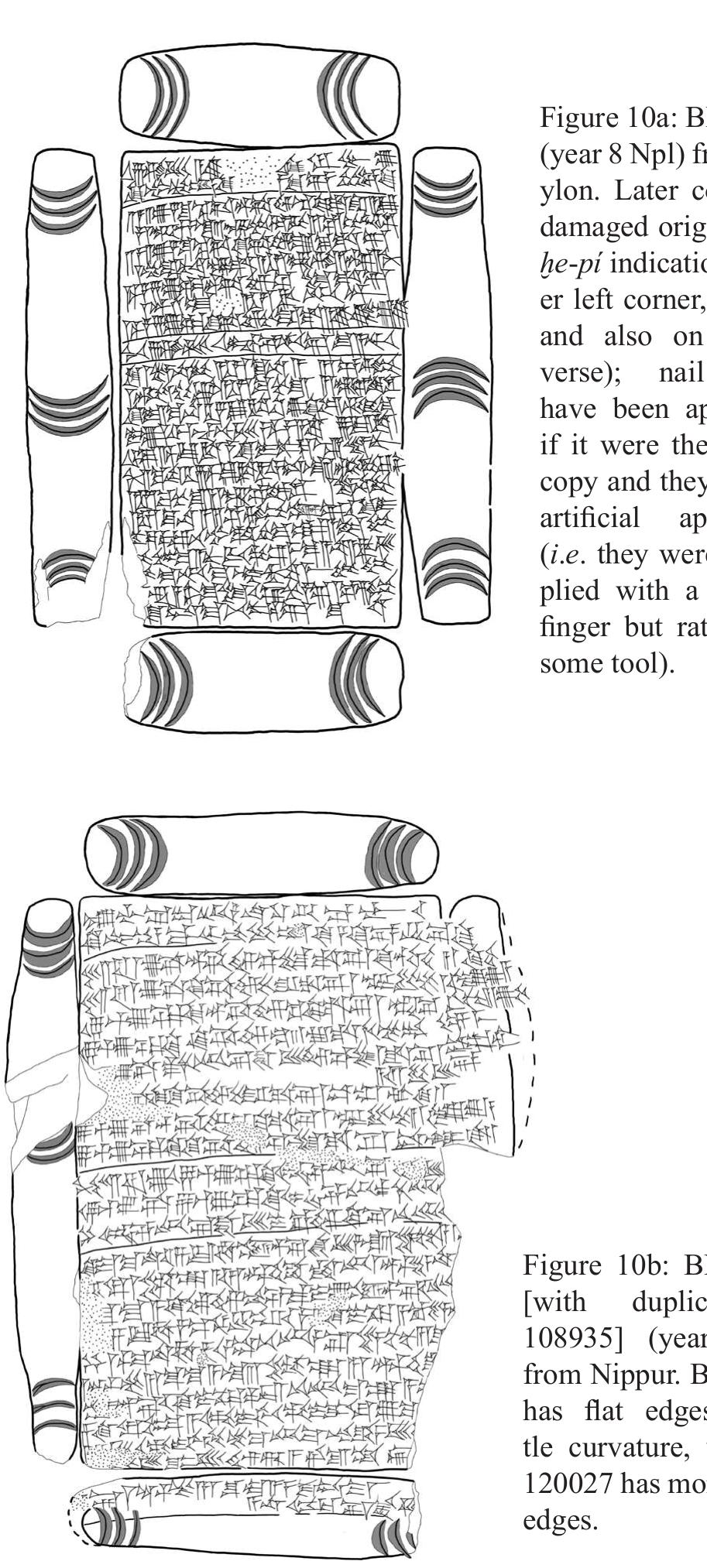 Title deeds do not lose their value over time as the owners of land or urban real estate need such documen- ation in case of litigation. In each generation dowry con- veyences and inheritance divisions pose a potential con- flict, and in the case of sales the vendor needs to prove his or her entitlement by producing the most recent title deed for fields it is called uwmmi egqli, “mother of the field”). This resulted in copying old records when they had be- come worn, or when more than one copy was required af- er business or inheritance divisions. Such reference cop- ies are faithful replications, and each break in the original ext is carefully marked as he-pi or he-pi es-su “break” and “recent break”, omitting the broken signs despite the fact that the formulaic text could have been easily restored by the copyist-scribe. The name of the original document’s scribe is introduced as Satir tuppi “writer of the tablet”. Such records also imitate the pattern of the nail marks, as the following examples show.  