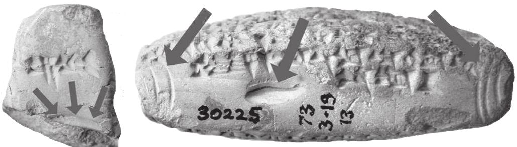 Figure 17: BM 30225 (year 3 Darius II) presents a hybrid form: On the one hand there are nail marks in groups of three in the corners, on the other hand there is a single nail impression in the modern ‘authentic’ manner, i.e. by pressing the tip of the finger vertically in the clay. Both kinds are attributed to the same vendor (reference courtesy C.B.F. Walker). Left: The arrows point to the outline of a ring seal on the le.e. 