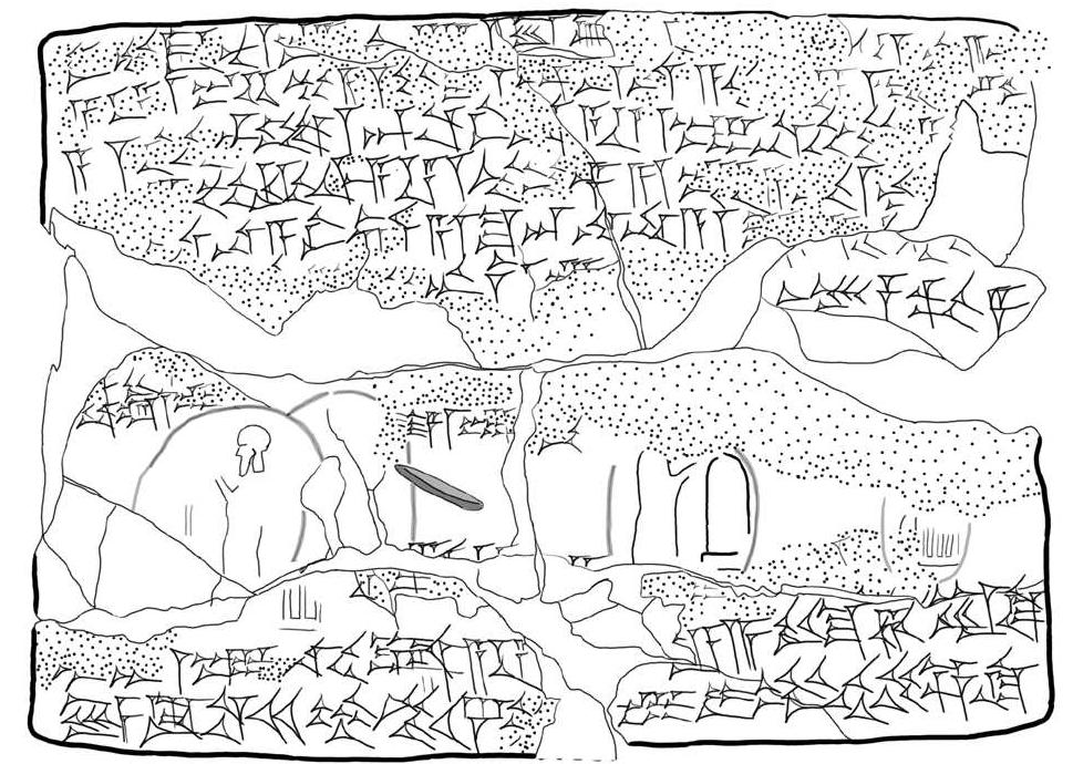 Figure 23: BM 30179, reverse (year 14 Nbn, Uruk), quit- claim about the repayment of a debt without the creditor having produced written evidence for his claim. Earliest Neo-Babylonian example for the use of a single nail mark with caption by the obliged party.  The single nail mark of the vending, owing, or oth- erwise obliged party became more common under Darius I, but the earliest antecedent known thus far goes back much further.** It was issued in the fourteenth year of Nabonidus at Uruk, of landscape format, and two tem- ple officials place their seals right beside the nail mark on the reverse. Apparently, the scribe had left the space between the witness list and the name of the scribe open for this purpose. Tablets issued at the temple may well have this shape and bear seal impressions on the face or reverse, but they were generated in an administrative en- vironment. Our record, however, is situated at the pri- vate-institutional interface and represents a hybrid.   The text acknowledges the repayment of a debt for which the creditor could not produce the original debt note that he should have handed over to the former debtor at repayment. In such cases a receipt is usually issued as a replacement, containing a quitclaim. Here, in view of the importance of the transaction (regarding two minas of silver) and, maybe, some previous litigation, they take a much more formal approach. The former creditor takes an oath in the assembly renouncing any claim and prom- ises to hand out any pertaining tablet, should they appear in his house. Note that it is the former creditor who un- dertakes an obligation and impresses his nail mark, not the former debtor.  