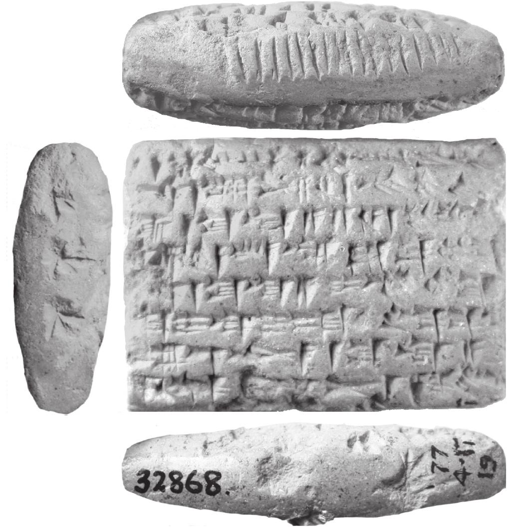Figure 24: BM 32868 (Nbk. 86, year 10 Nbk). Obligation of guarantor to present a person at a stipulated date with more than 15 fingernail incisions on the upper edge and three clusters in the shape of stars on the left edge; no caption.  There is a number of tablets with nail marks forming different shapes that do not fall within the first two cate-  gories, and  their presence does not seem to have a legal  function. Rather, they seem to represent a decoration or  mnemonic gin or ont plied, not 1  device. These marks can be found on any mar- he reverse of the tablet, they are randomly ap- imited to a specific number, and not restricted  to a certain type of transaction. A few examples should  suffice to 1  might also 29), but a  lustrate this usage. In some cases the incisions be produced with a writing tool (figures 27, certain curvature is visible with every stroke  and rather points to the usage of a fingernail.*” 