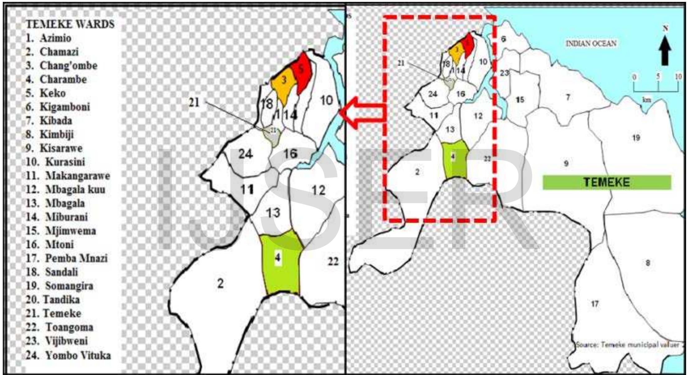 Temeke municipal map showing sampling sites 3, 4,5 and 20