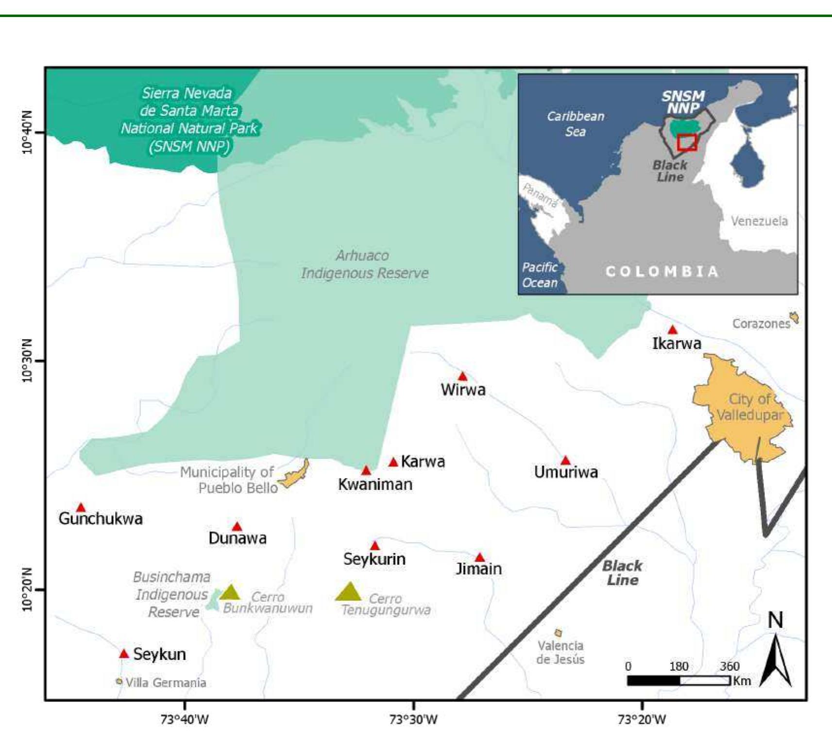 Pinto-Marroquin et al. 2022. Potential conflict as an opportunity for coexistence: cosmovision and attitudes of Arhuaco people towards jaguars  Figure 1. Location of the ten Arhuaco communities that were part of this research. SNSM NNP= Sierra Nevada de Santa Marta National Natural Park; northern Colombia. 