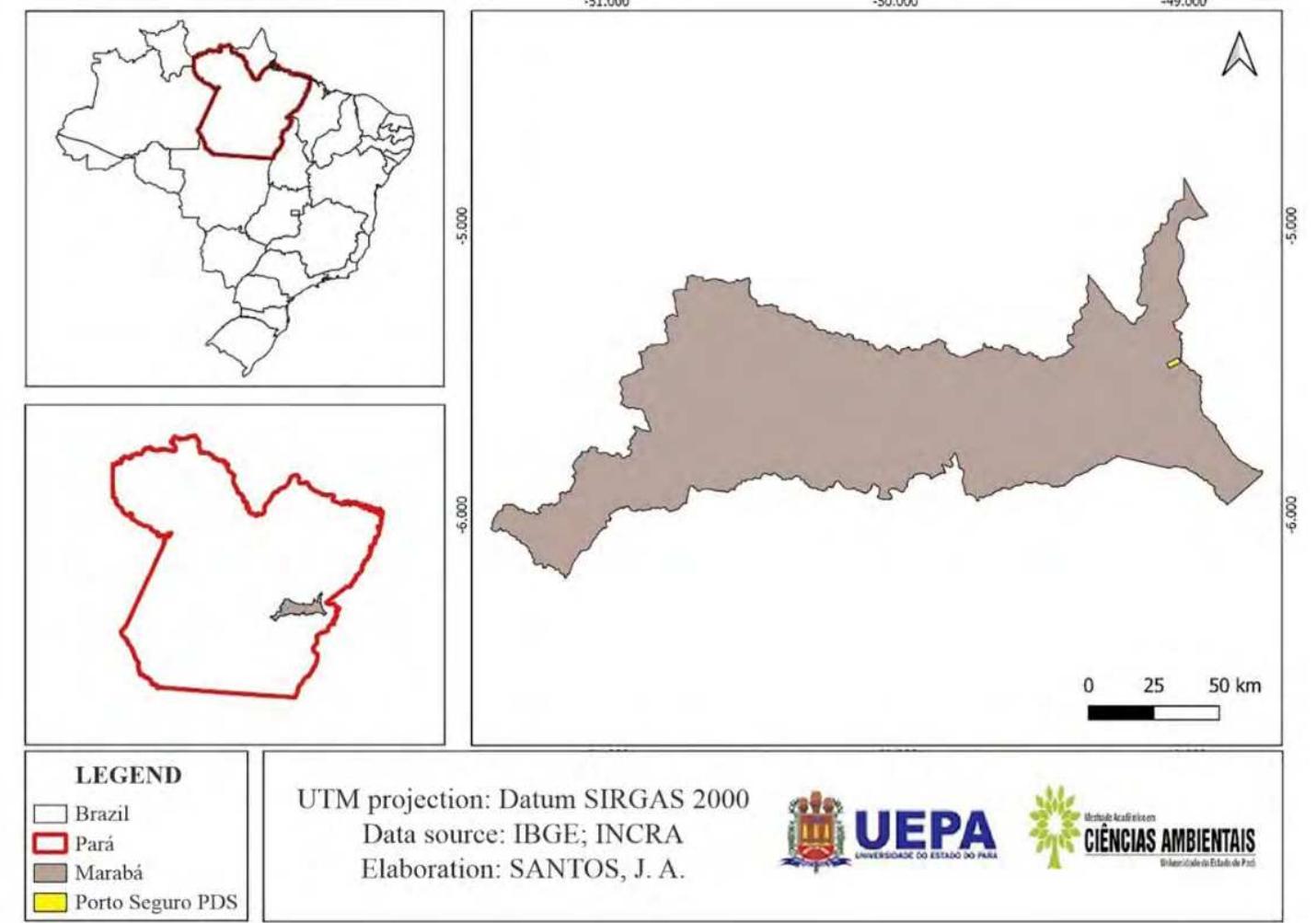Figure 1. Map of the study area location, in the east of the municipality of Maraba, southeastern Para, Brazil.  The study was conducted in the region comprising the area covered by the Porto Seguro PDS, located in the municipality of Maraba (5°22712” S; 49°7’1” W) in the southeast mesoregion do Para, Brazil (Figure 1). The municipality is located between two large rivers (Itacaitinas and Tocantins) and has a historical evolution of urbanization linked to development policies and various economic cycles that were fundamental for population growth, such that today it is considered an important economic and administrative center in a vast region of the “Amazon agricultural frontier” (Sousa et al. 2017). 