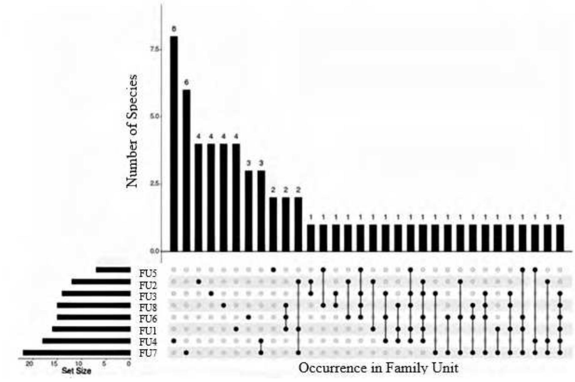 Figure 3. Distribution of the number of species cultivated in the agroforestry systems of the family units studied in the area covered by the Porto Seguro Sustainable Development Project (Maraba, PA, Brazil). The bars on the left indicate the total number of species recorded in each of the family units (FU) studied. The upper bars indicate the number of unique species in each of the family units. The connected dark dots in the bottom panel indicate which family units (FU) share a particular set of species.   Ofthe species and varieties cultivated, 35 (48.6%) occur in at least one of the eight areas visited, indicating that there is no pre-established pattern among farmers in the choice of components that integrate these systems. The plant diversity found is distributed in different arrangements, such that their priority is based on the preferences and needs of the families. No species was common to all the areas. 