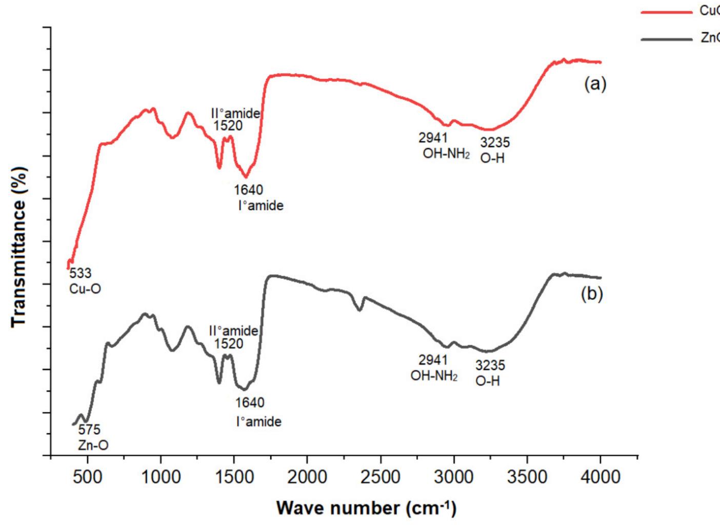 Ftir spectra of (a) bacteriogenic cuo nanoparticles and (b)