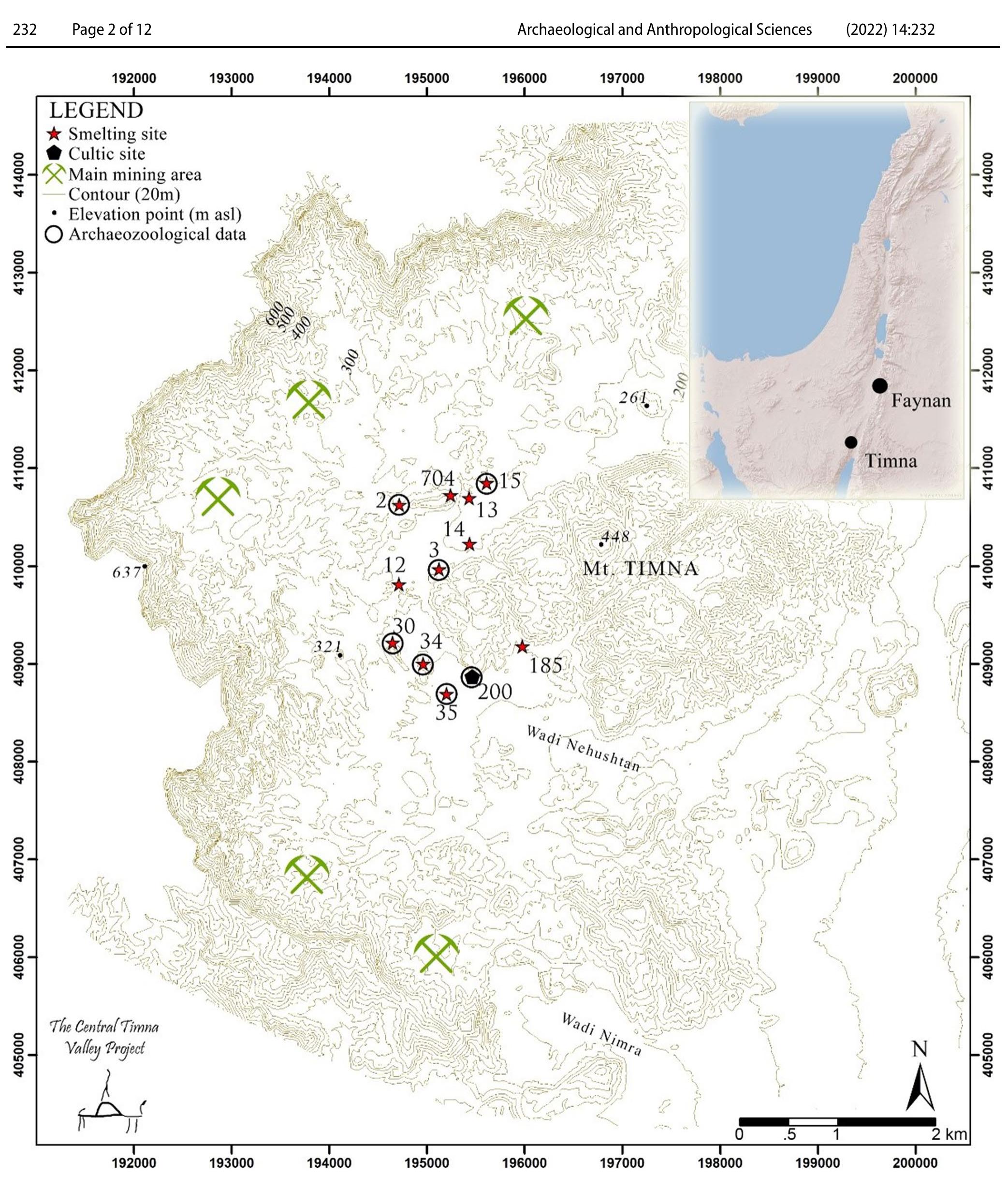 Fig. 1 Map of Timna Valley in the Late Bronze and early Iron Age (circles indicating sites with archaeozoological data). The inset indicates th general location of Timna Valley and Wadi Faynan 