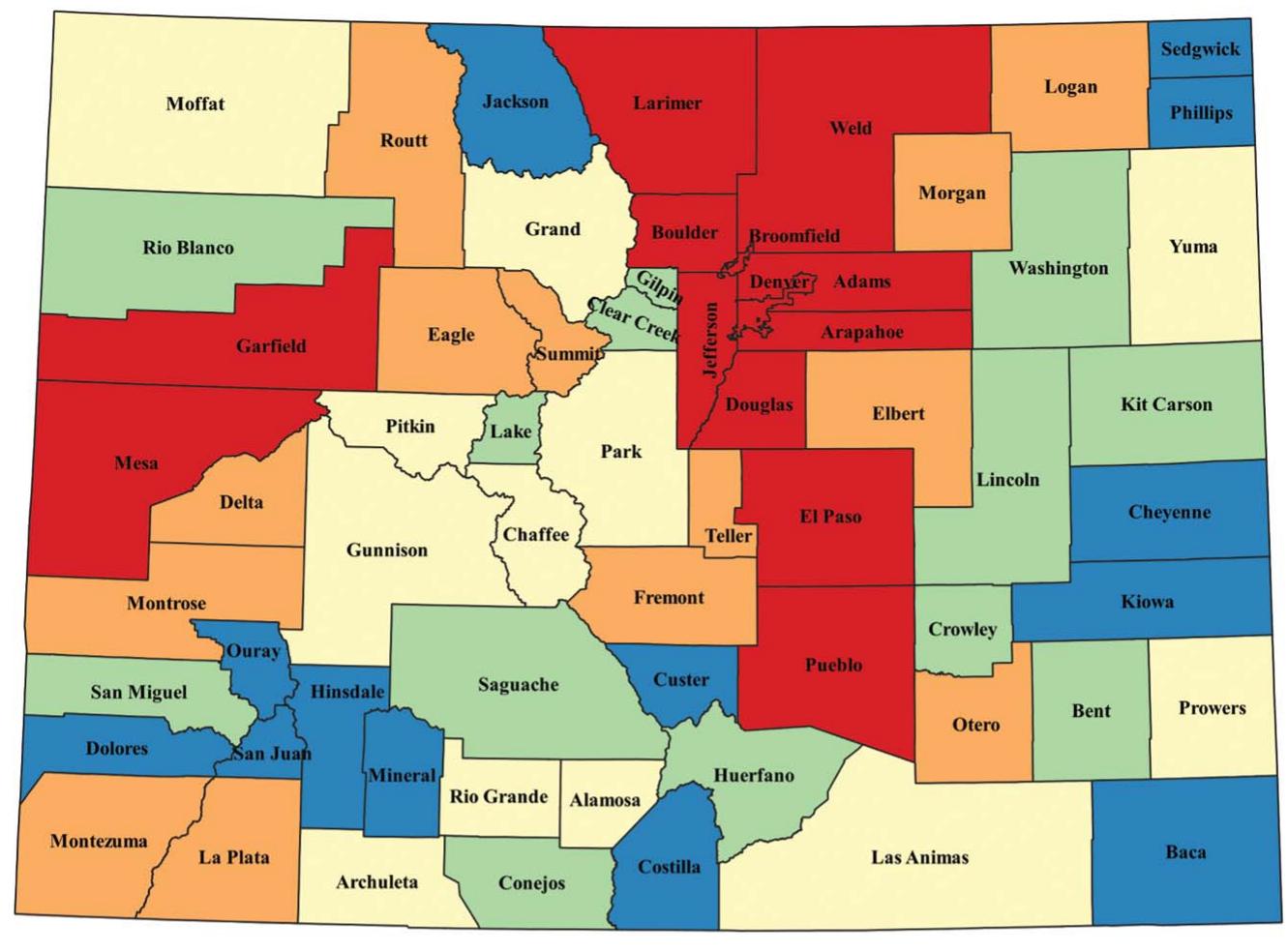 2015 Census Population by County  Figure 2. Resident population of Colorado counties (2015) and the number of recorded prehistoric (ancient Native American archaeological sites per county (Colorado Office of Archaeology and Historic Preservation database, 2018). 