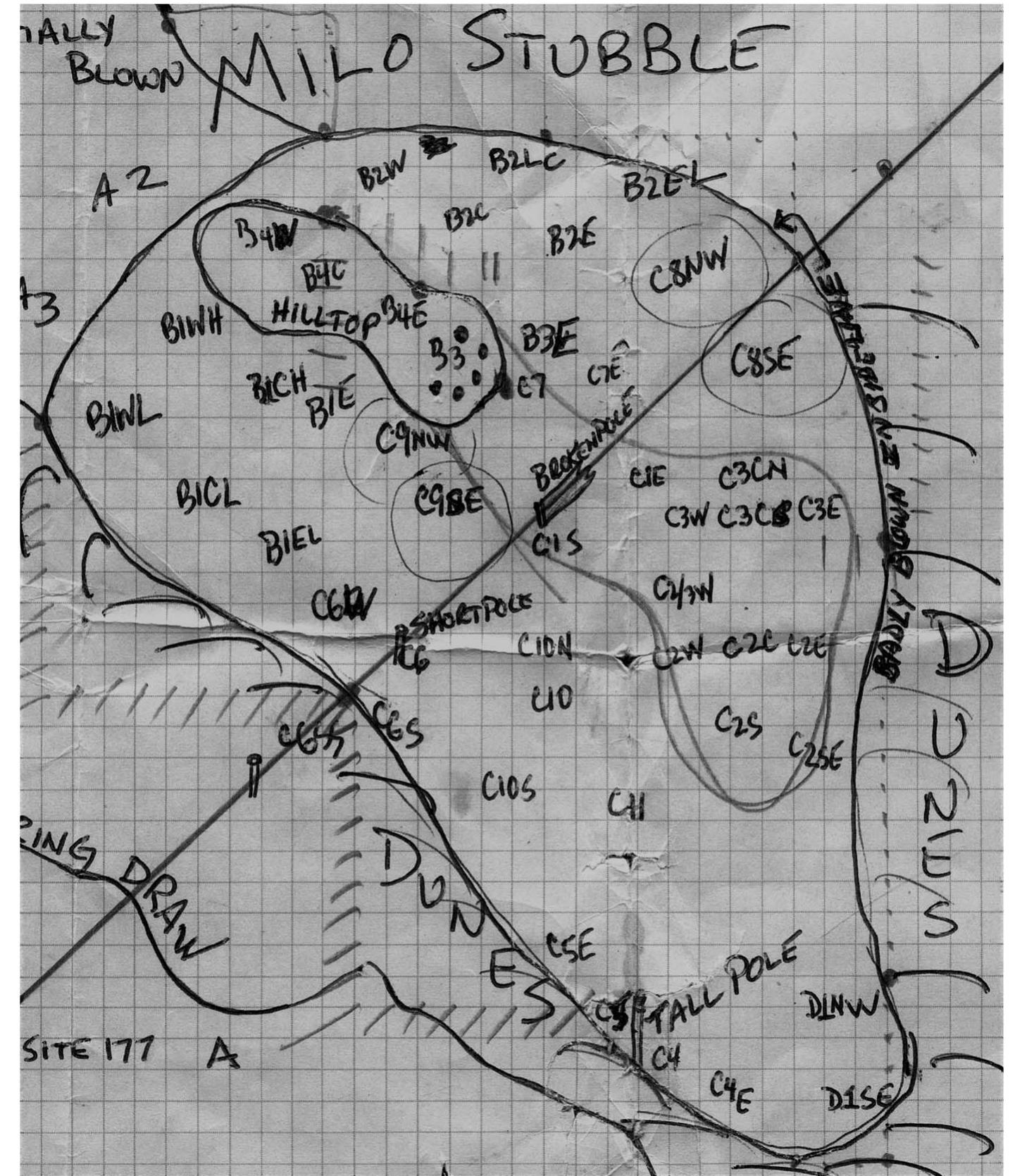 Figure 7. Example of Toft's detailed map of an eroded farm field, noting numerous artifact localities spread across the ar- chaeological landscape. Finds made within the past 20 years have been mapped with GPS technology. Site located in Logan County, Colorado. (Map by Mike Toft.) 