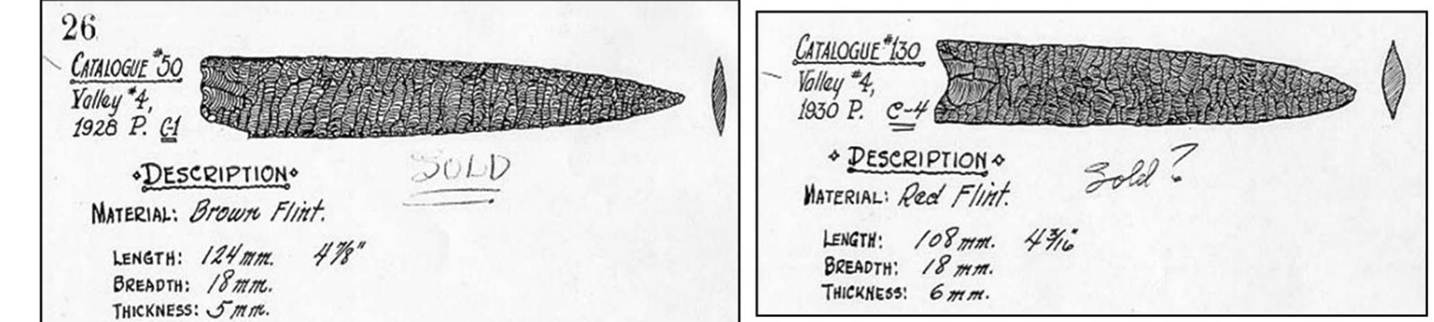 Figure 11. Slim Arrow site spear points found by the Andersen family between 1928 and 1930; they traded hands at least three times since the 1930s (note “sold” written on the image) and today reside in a private collection. (Drawings from the Andersen family archaeology catalog, courtesy of the University of Nebraska State Museum.) 