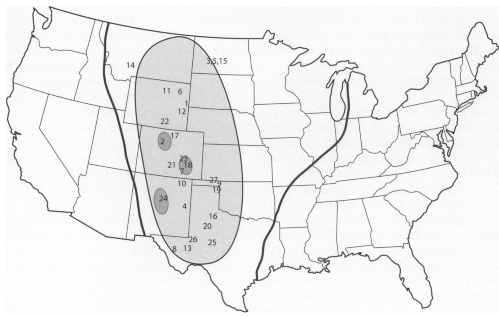 Figure 1. Location of major Folsom sites discussed in the text. Overall range of Folsom occupation is demarcated by the thick line and is located in the central portion of the United States. The well accepted “core” Folsom area is indicated by the large lightly shaded area corresponding roughly to the Great Plains and Rocky Mountains. Areas with high Folsom site densities are marked by the darker shaded areas. Sites: (1) Agate Basin, (2) Barger Gulch, (3) Big Black, (4) Blackwater Draw, (5) Bobtail Wolf, (6) Carter/Kerr-McGee, (7) Cattle Guard, (8) Chispa Creek, (9) Cooper, (10) Folsom, (11) Hanson, (12) Hell Gap, (13) Hot Tubb, (14) Indian Creek, (15) Lake Ilo sites, (16) Lake Theo, (17) Lindenmeier, (18) Linger, (19) Lipscomb, (20) Lubbock Lake, (21) Mountaineer, (22) Rattlesnake Pass, (23) Reddin, (24) Rio Rancho, (25) Scharbauer, (26) Shifting Sands, (27) Waugh. 